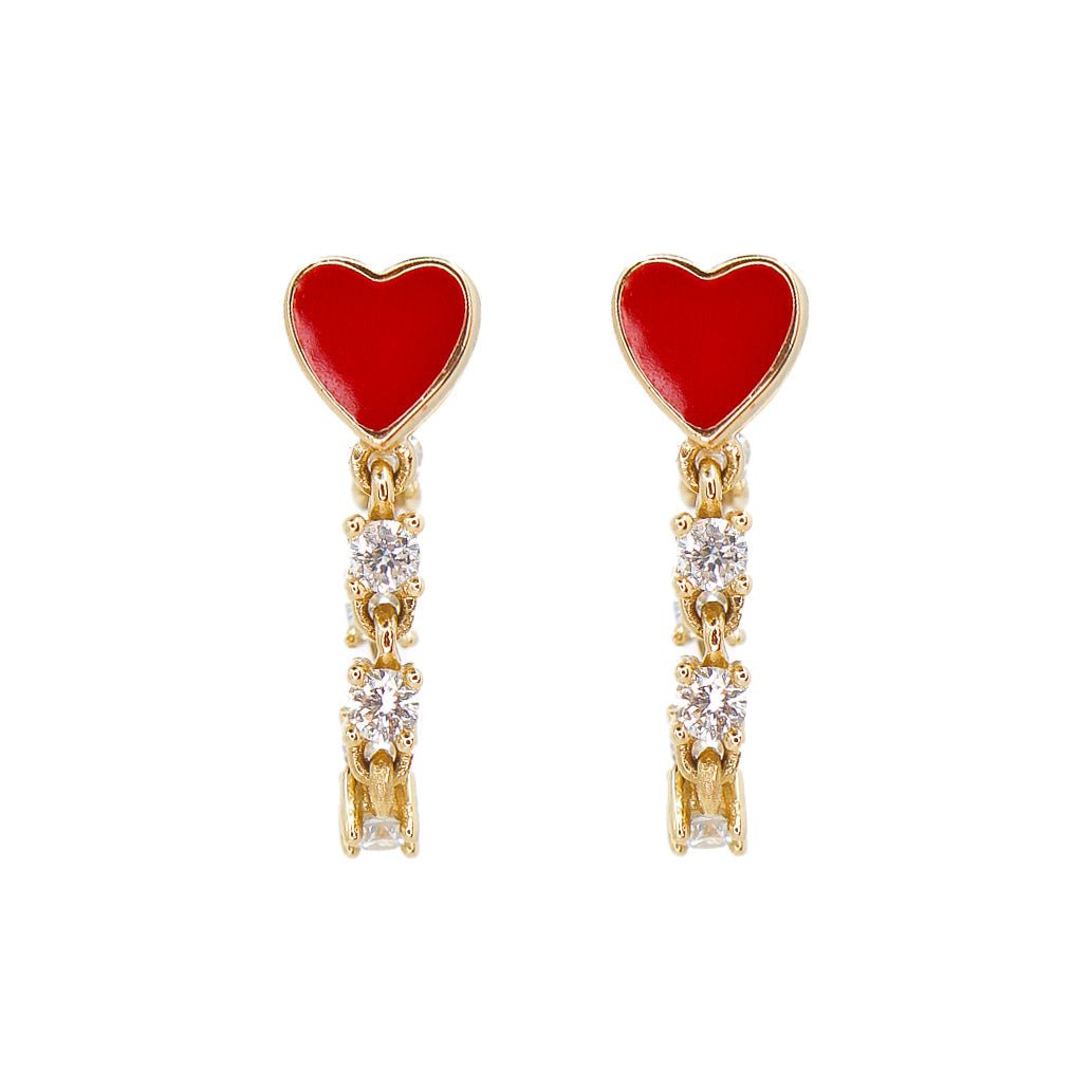 Gold Red Enamel Heart Diamond Loop Earring