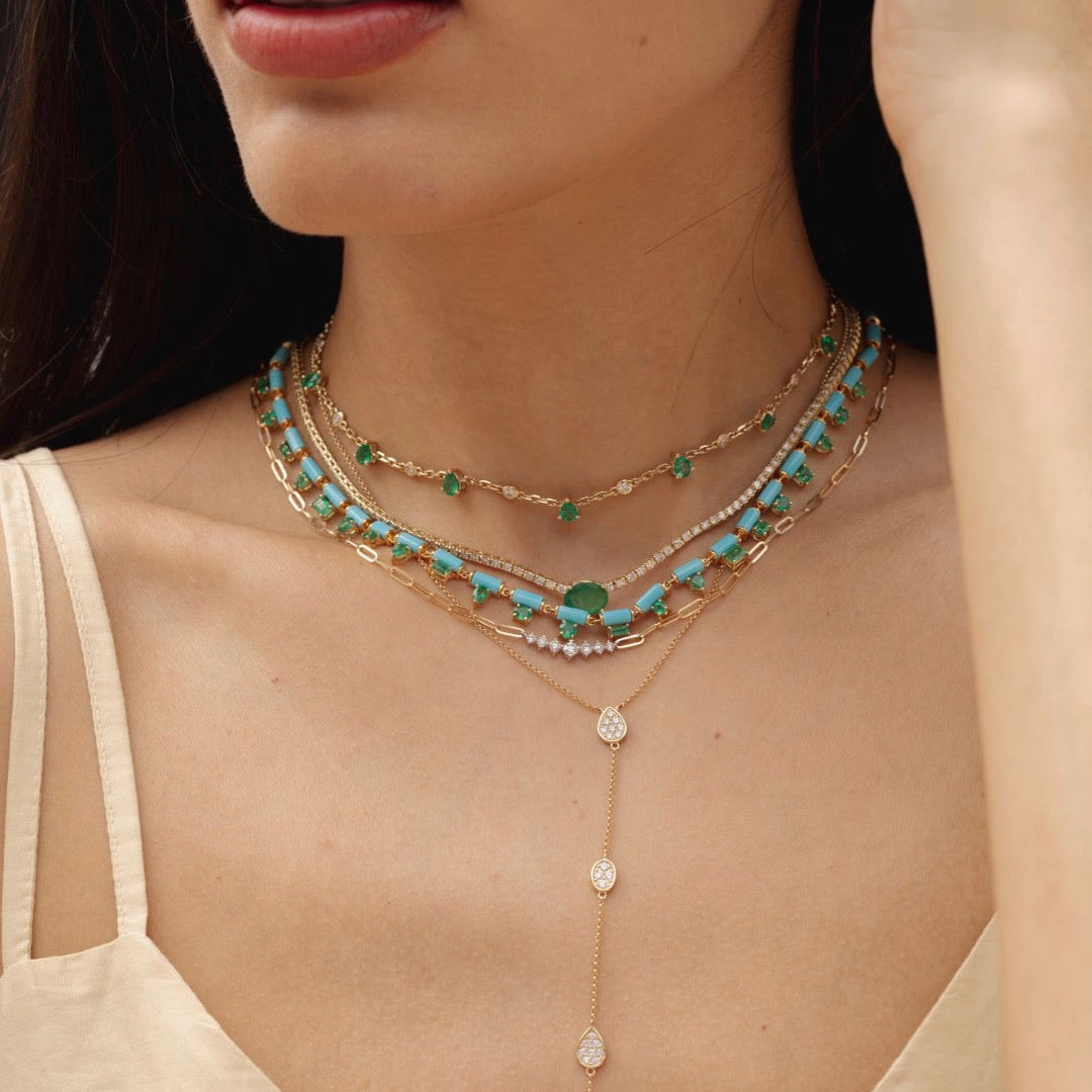 Gold Diamond Oval Emerald Tennis Necklace