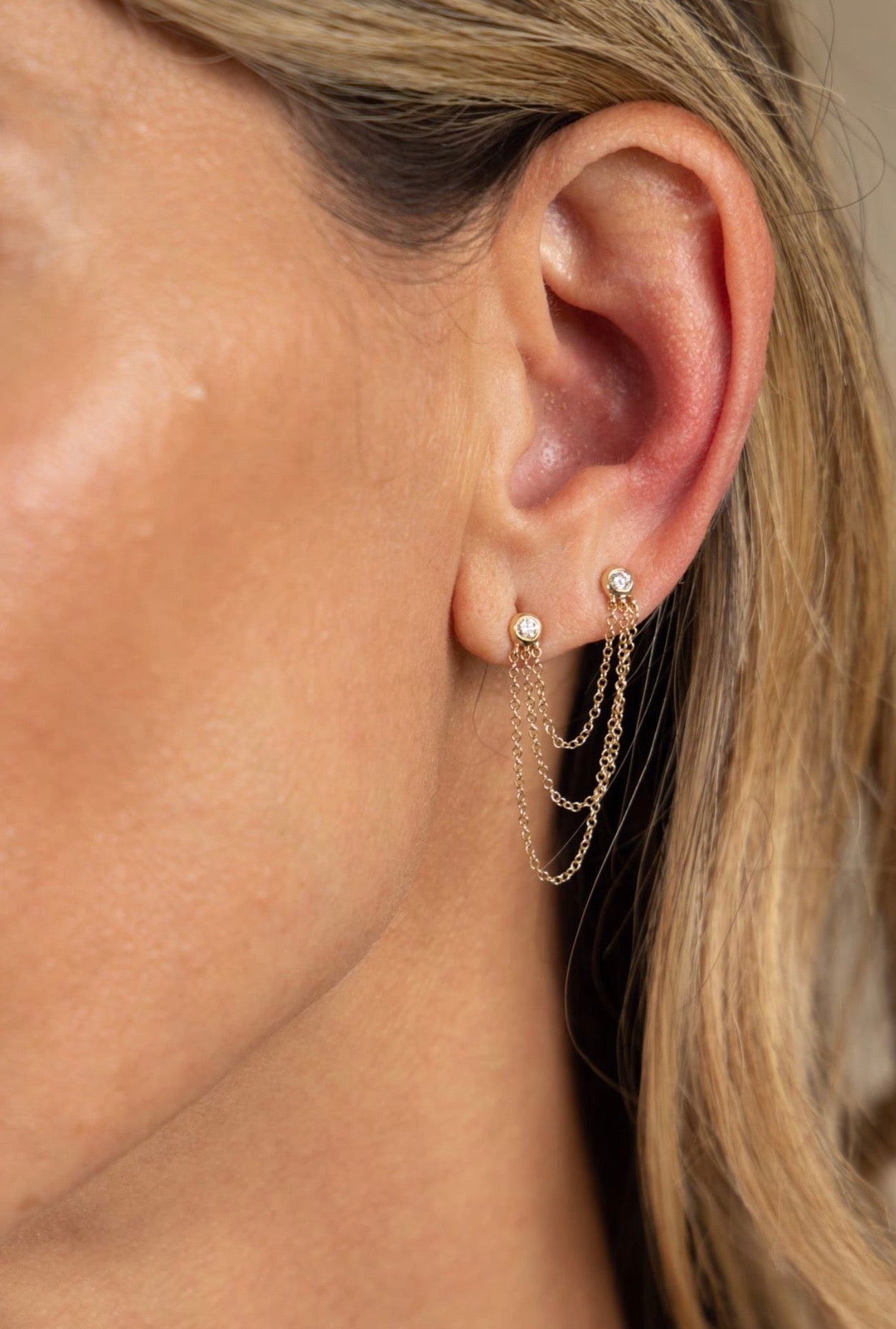 Gold Diamond Bezel Multi Chain Connecting Earring