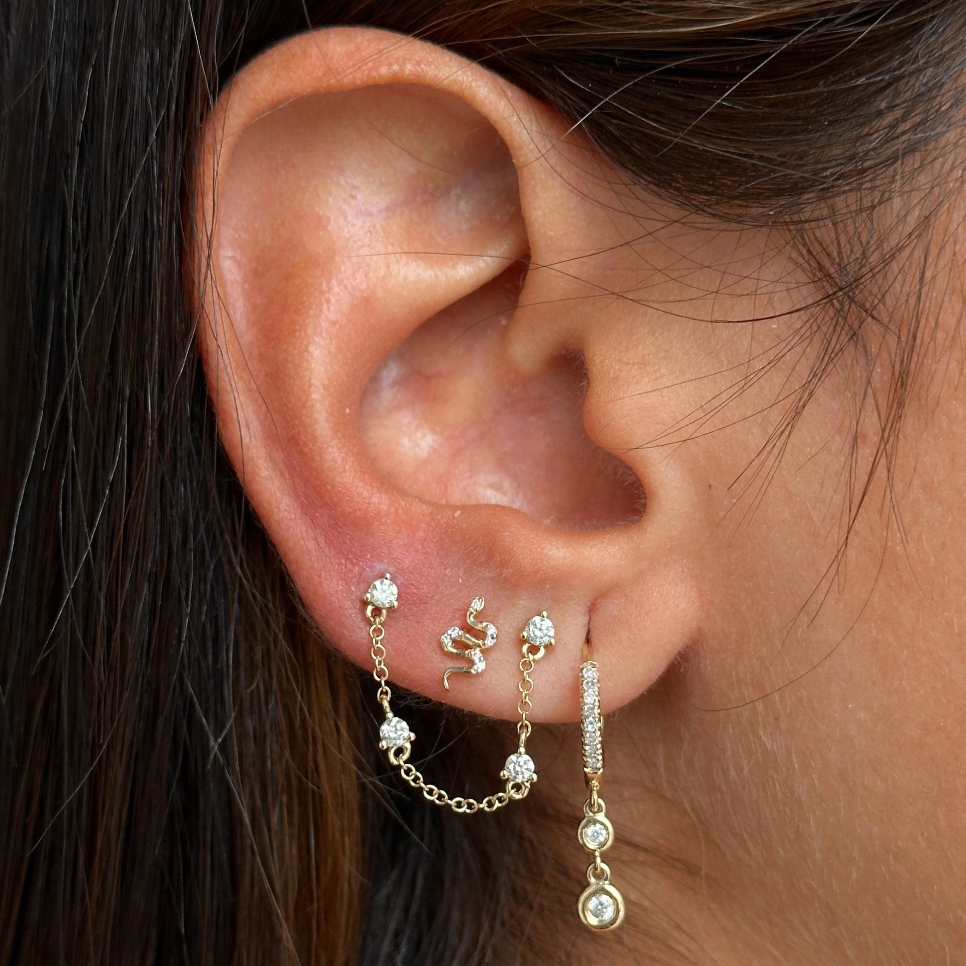 Gold Double Drop Bezel Diamond Hoop Earring