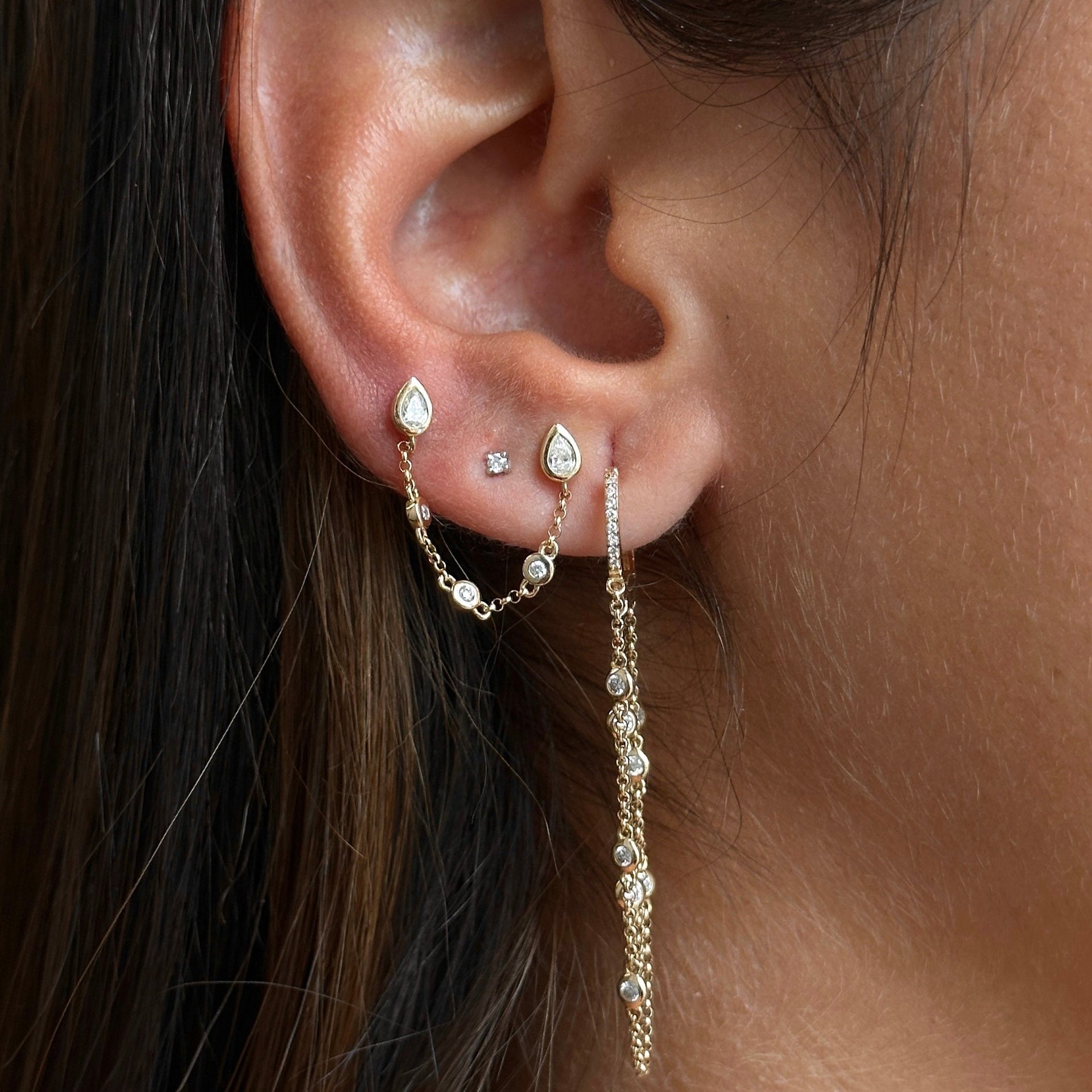 Gold Diamond Bezel Double Chain Loop Hoop Earring