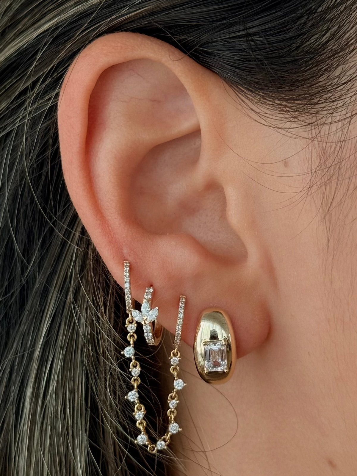 Gold Lab Diamond Emerald Half Bubble Hoop Earring