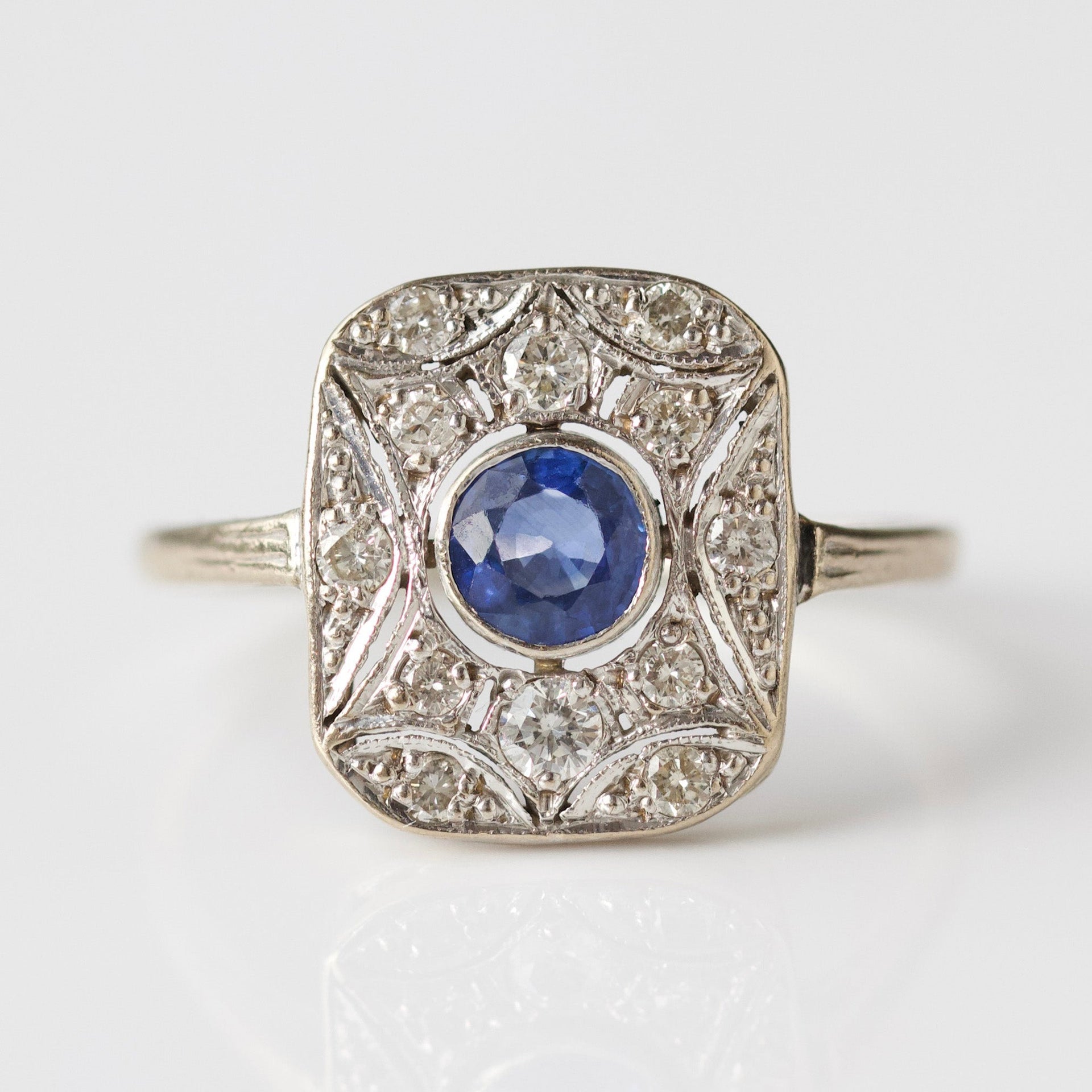 Vintage 18 Solid White Gold Sapphire and Diamond Ring