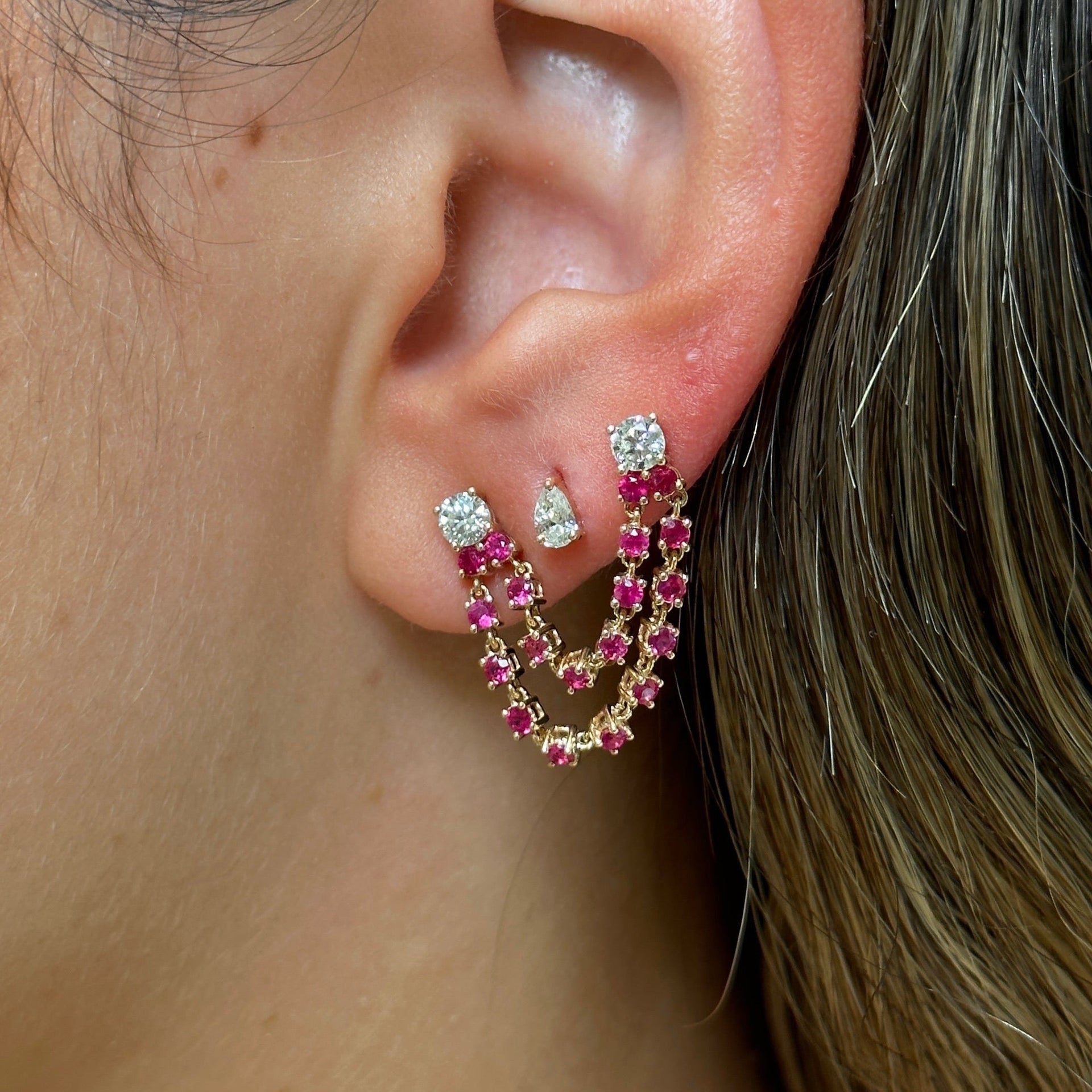 Gold Diamond Double Ruby Connecting Earring