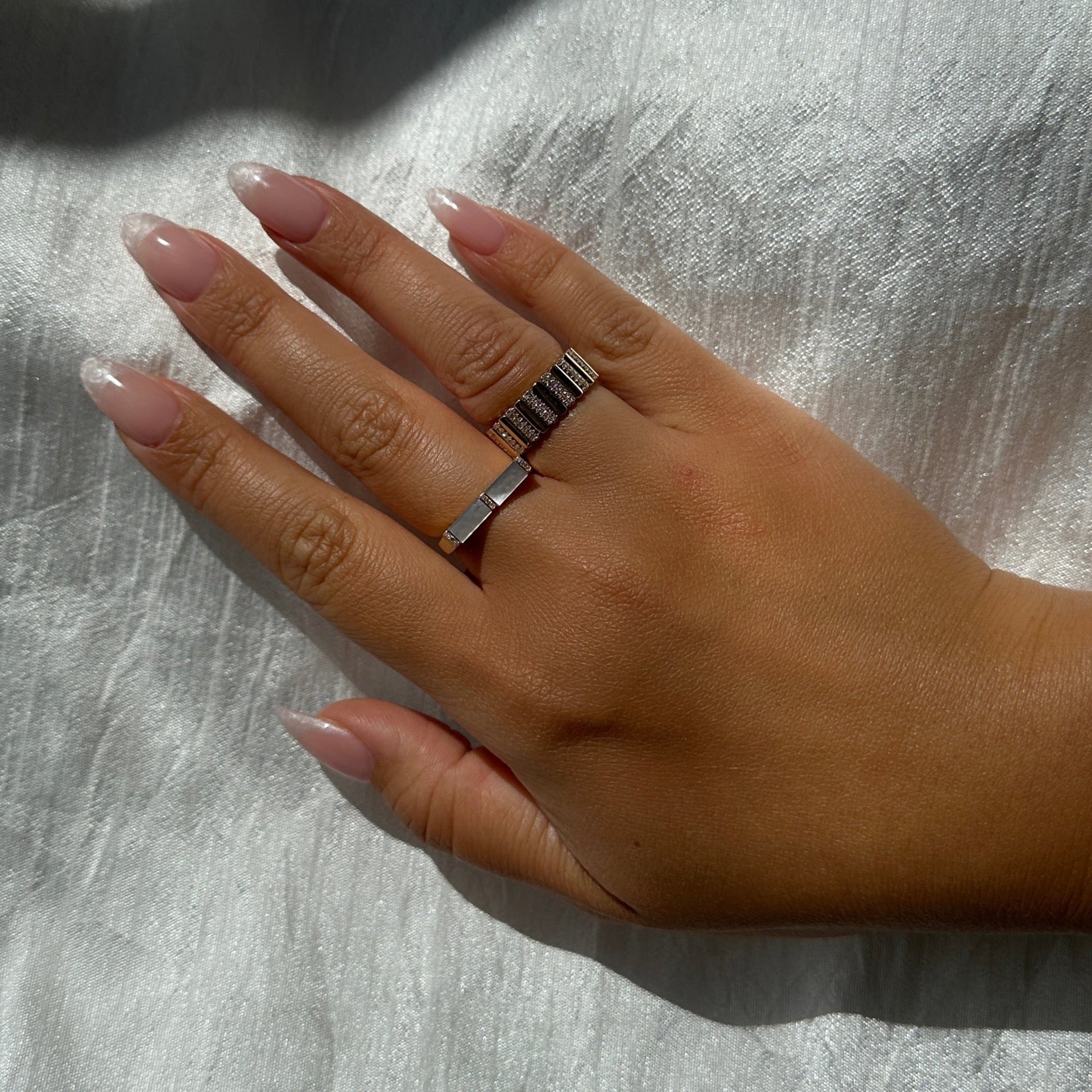 Gold Spaced Diamond Rectangle Mother of Pearl Ring