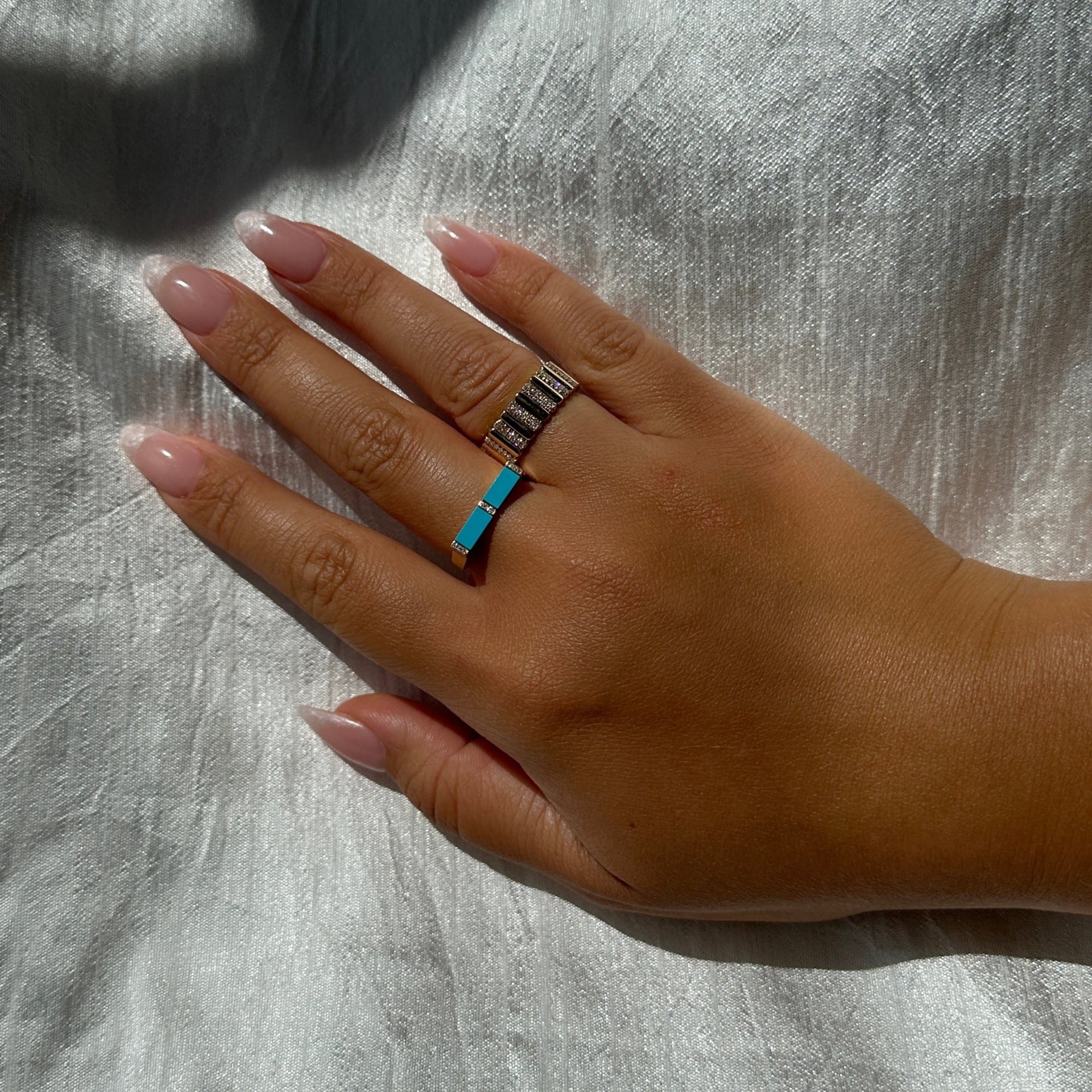 Gold Spaced Diamond Rectangle Turquoise Ring