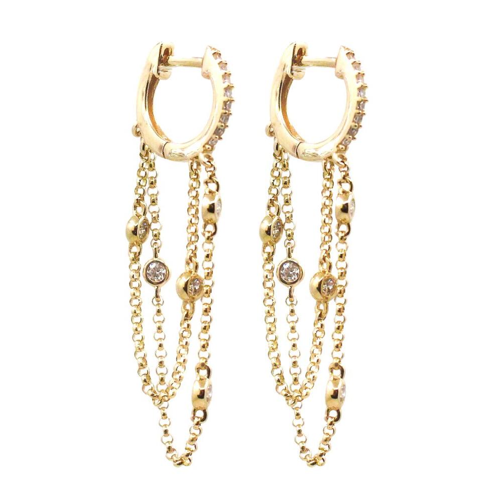Gold Diamond Bezel Double Chain Loop Hoop Earring