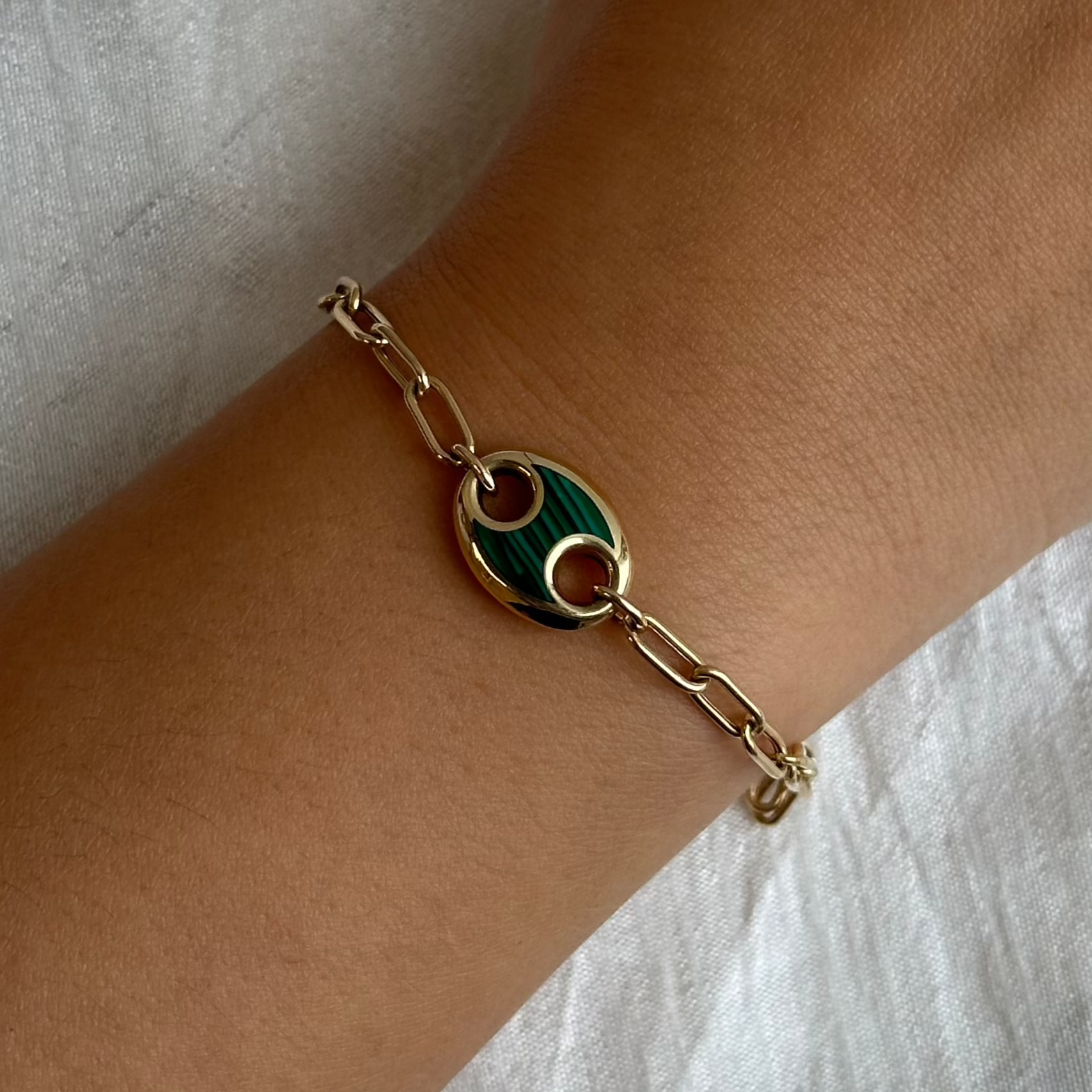 Gold Malachite Mariner Puff Link Bracelet