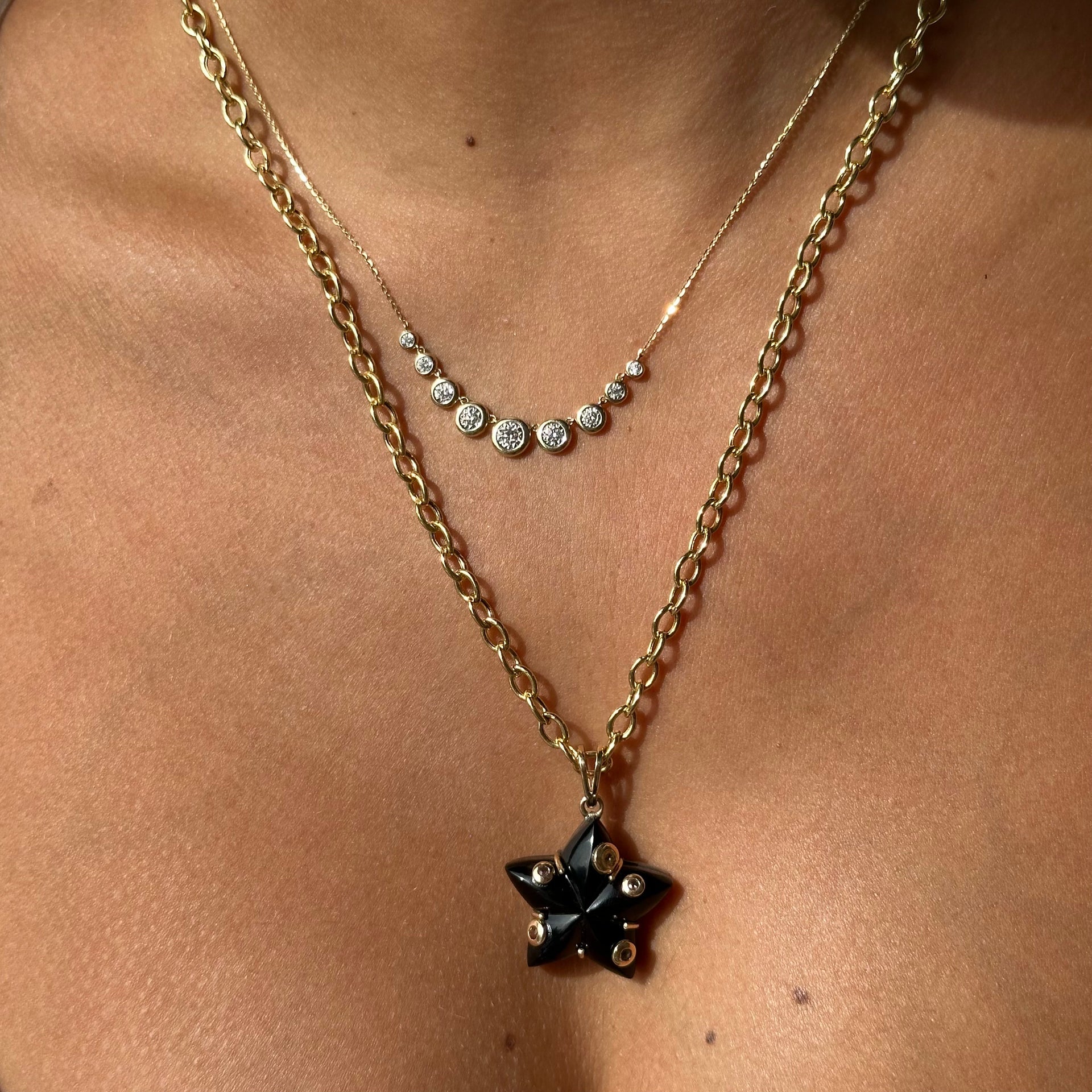 Gold Multi Sapphire Black Onyx Star Pendant