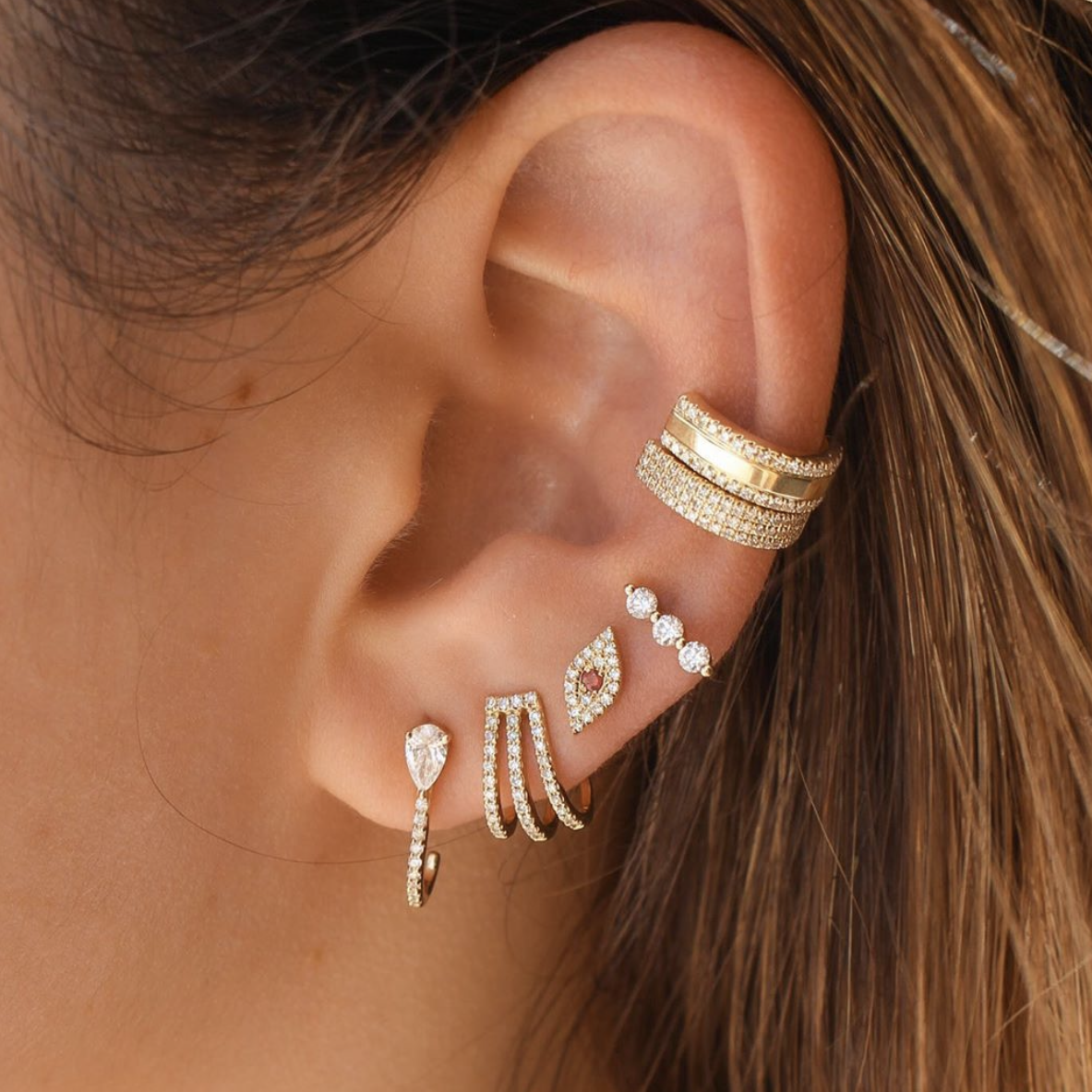 Gold Triple Diamond Cage Earring