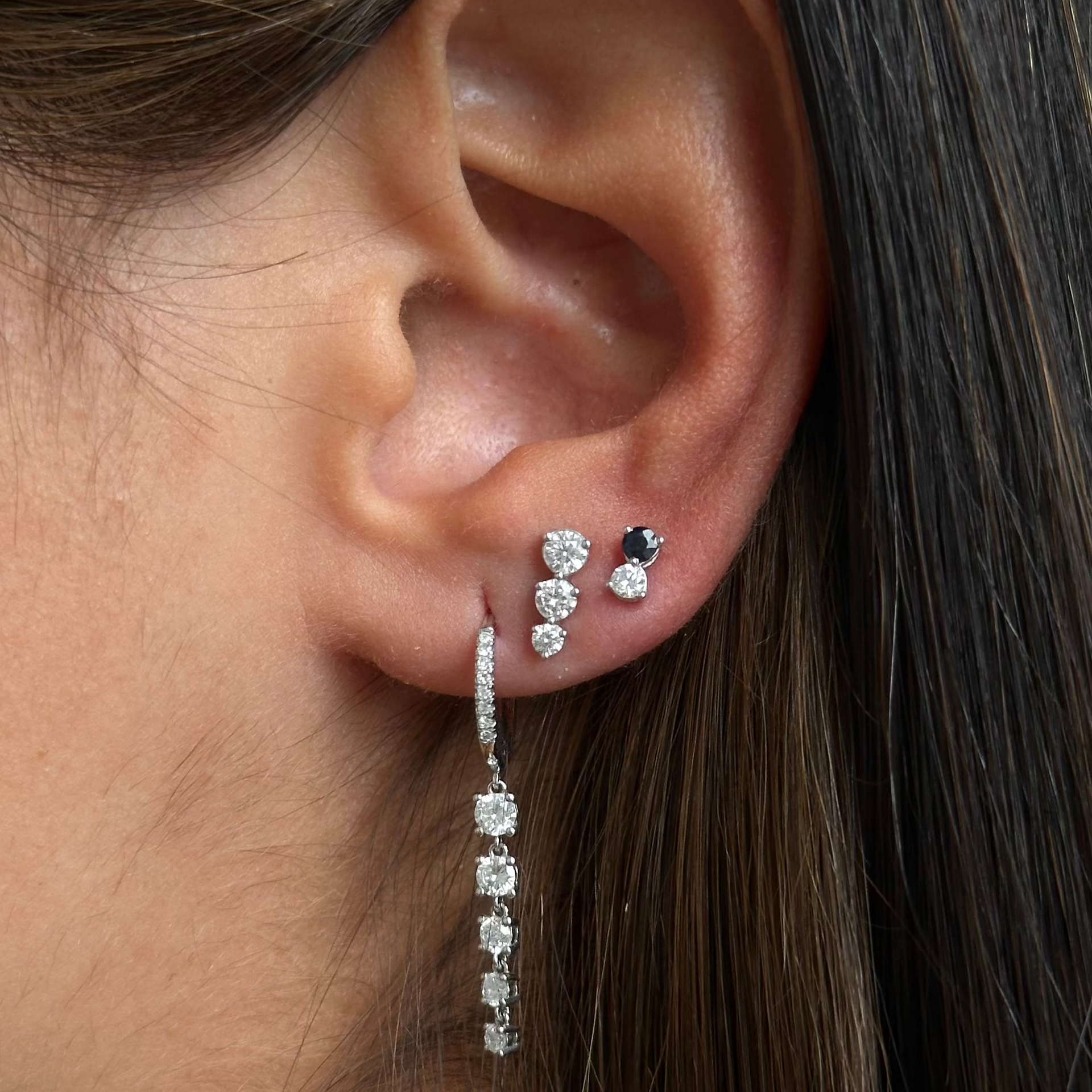 Gold Five Diamond Drop Hoop Earrings