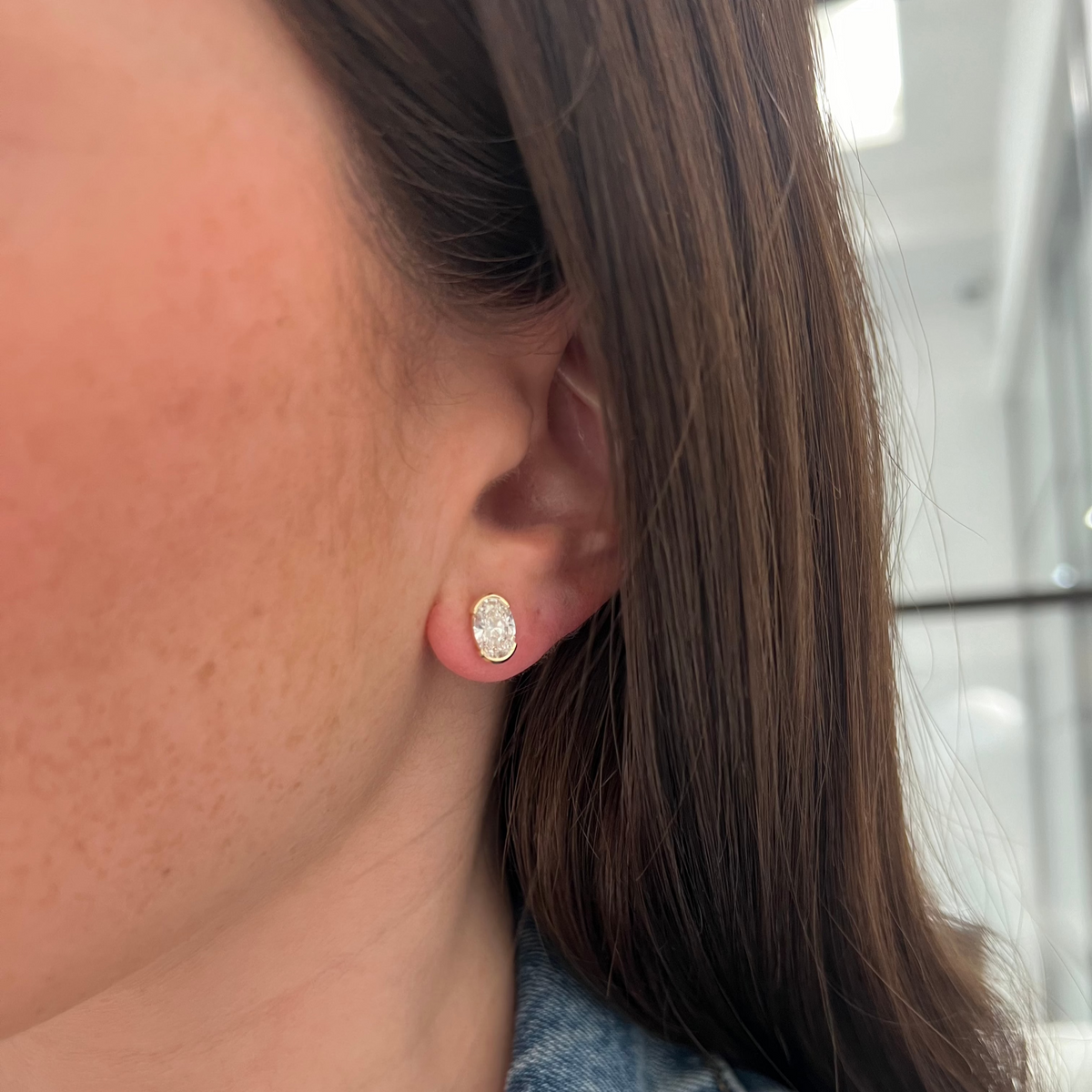 Oval Half Bezel Lab Diamond Stud Earrings