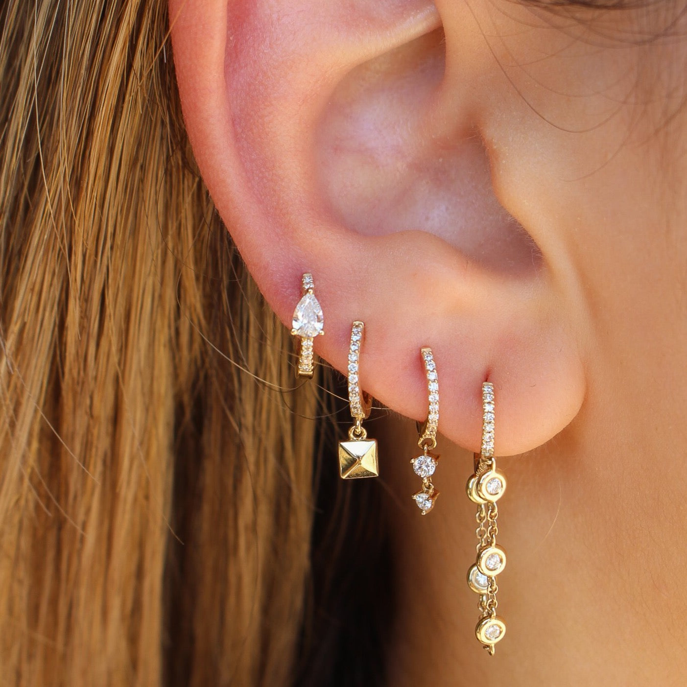 Gold Pyramid Diamond Hoop Earring
