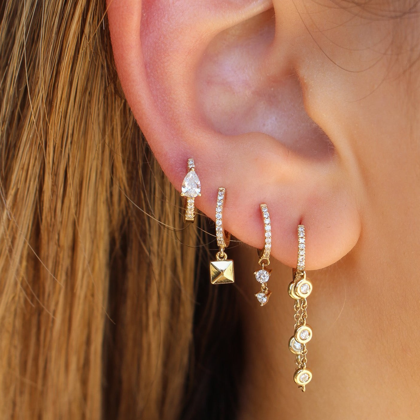 Gold Double Diamond Drop Hoop Earring