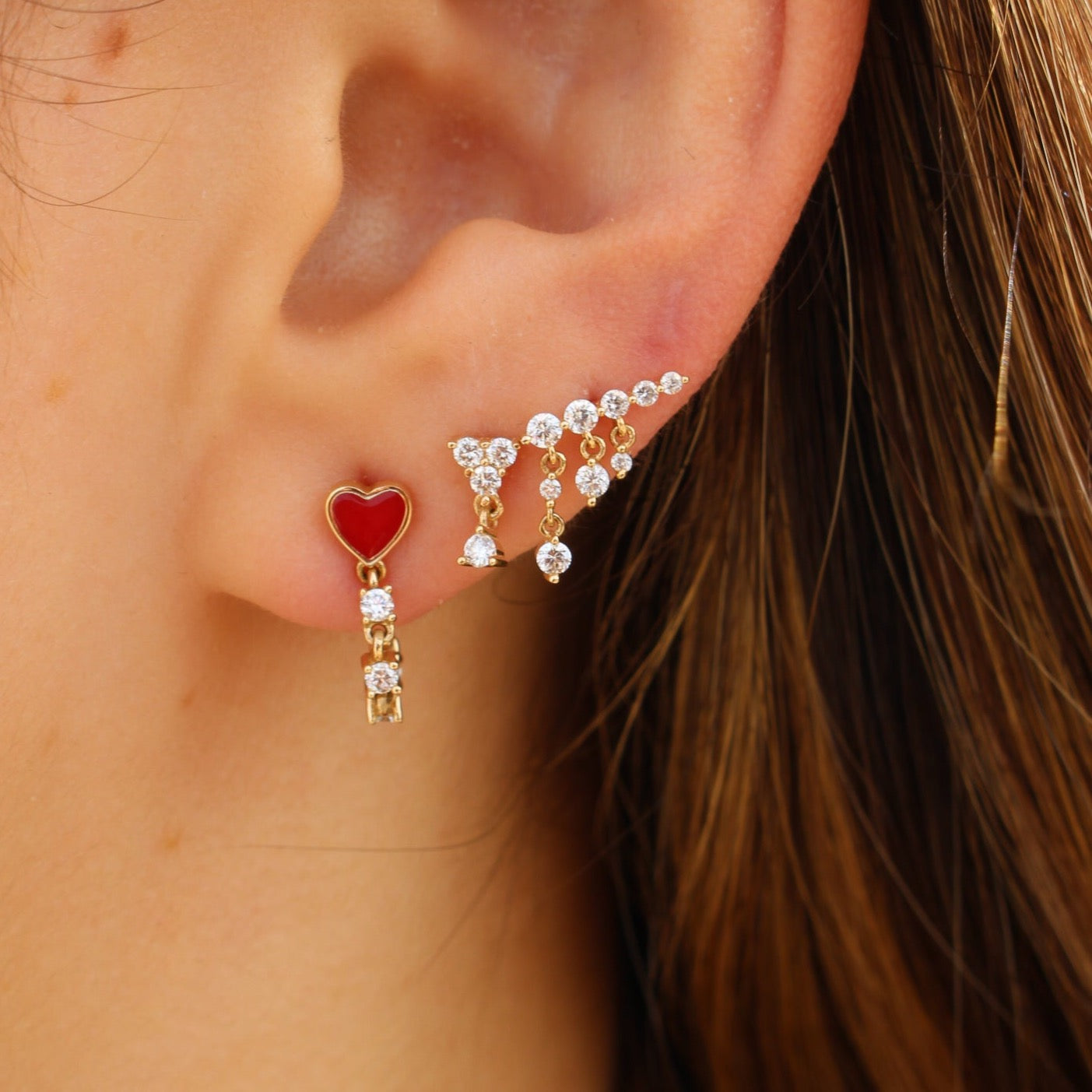 Gold Diamond Trio Drop Stud Earring