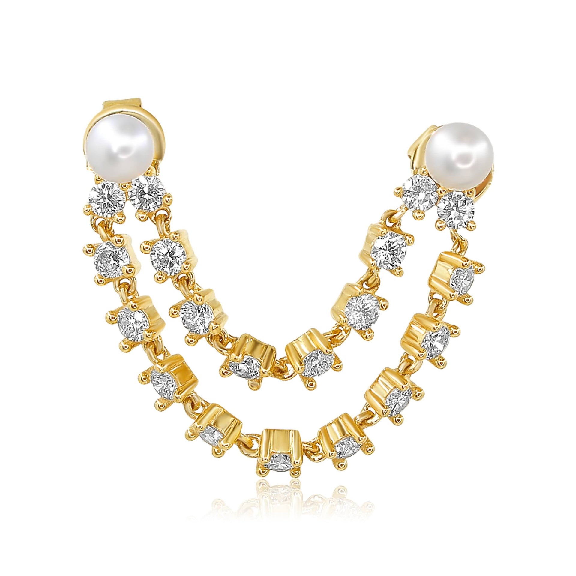 Gold Pearl Double Diamond Connecting Earring