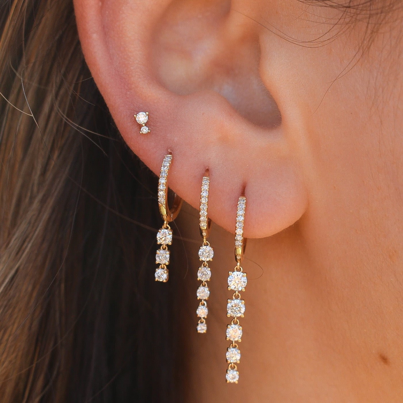 Gold Five Graduated Prong Diamond Hoop Earrings