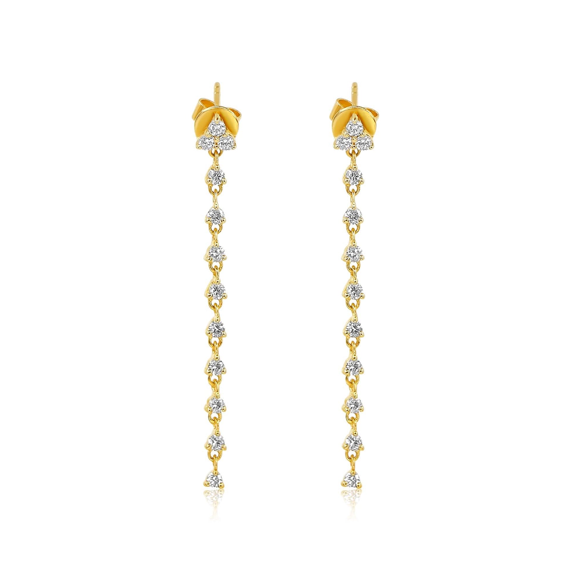Gold Diamond Trio Prong Drop Earrings