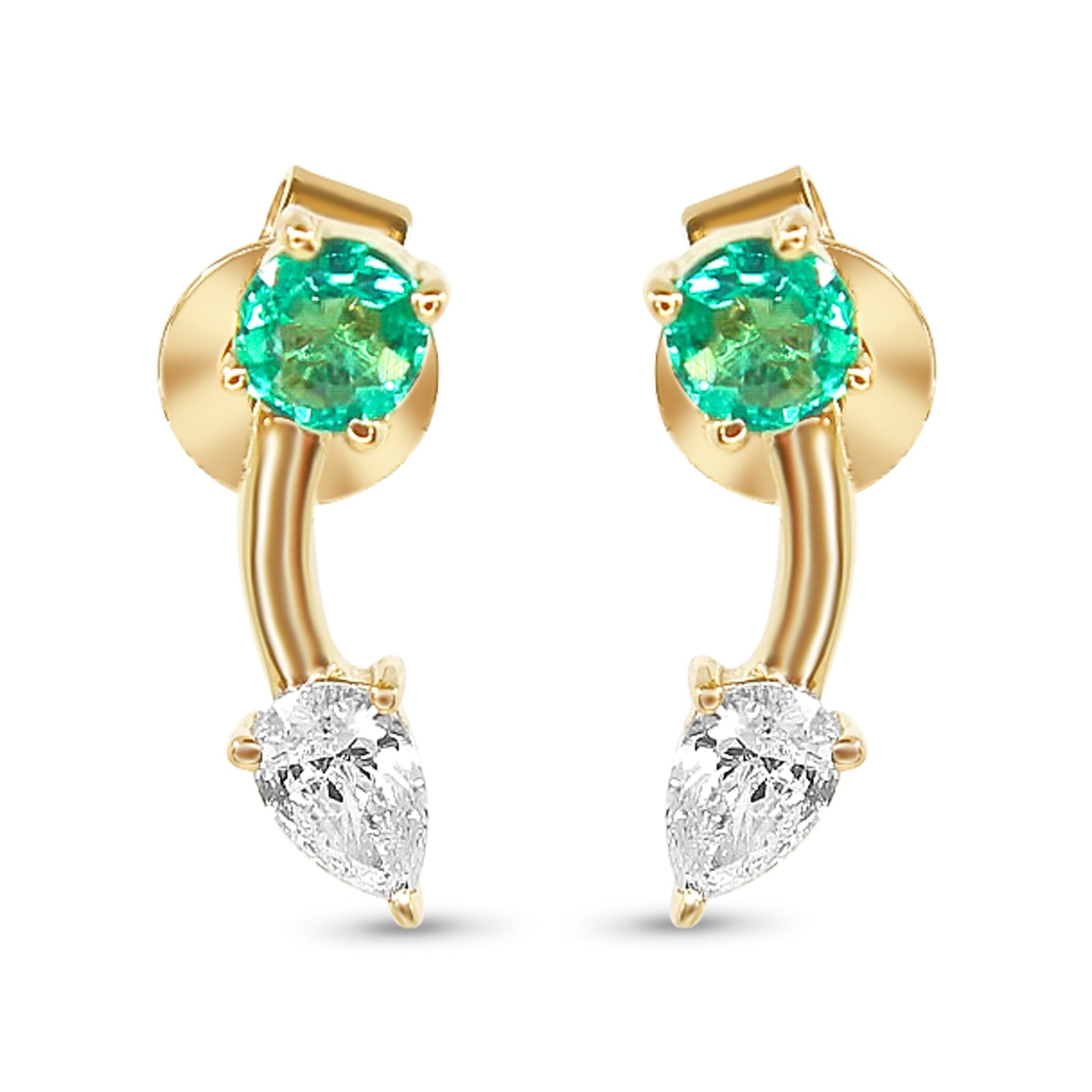 Gold Emerald and Pear Diamond Curve Earring