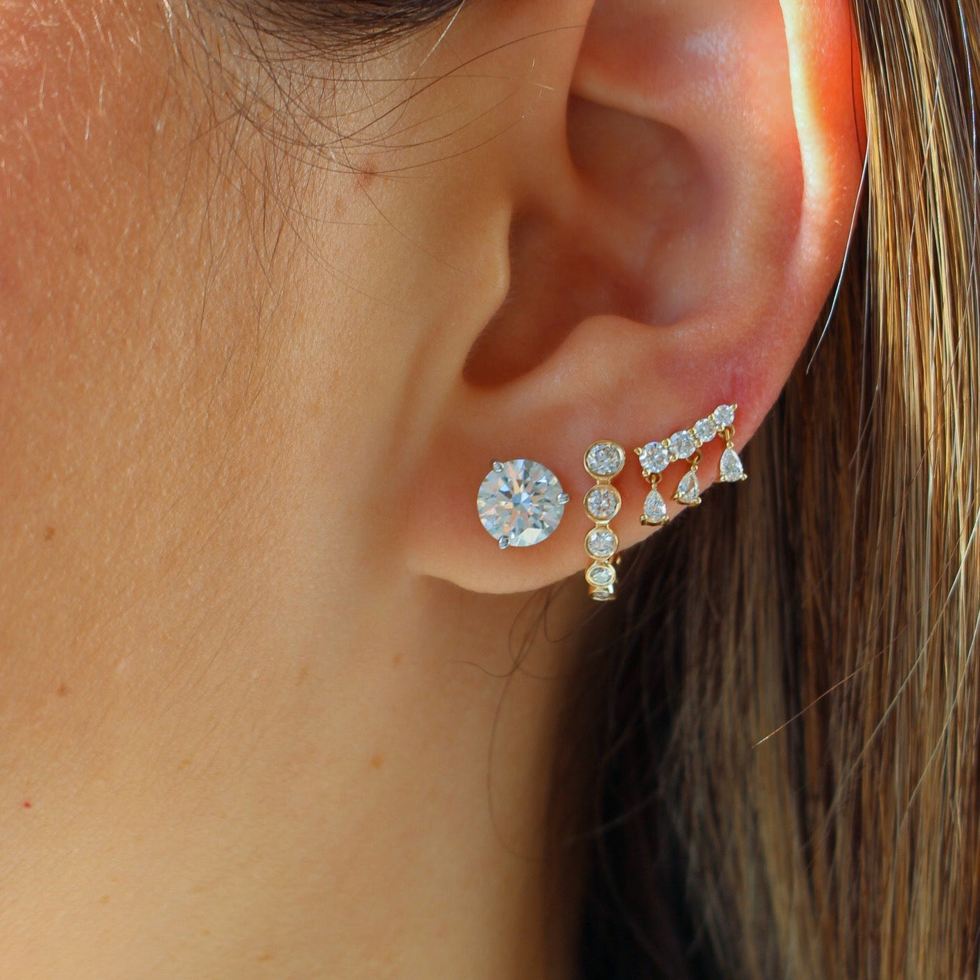 Gold Diamond Bezel Half Hoop Earrings