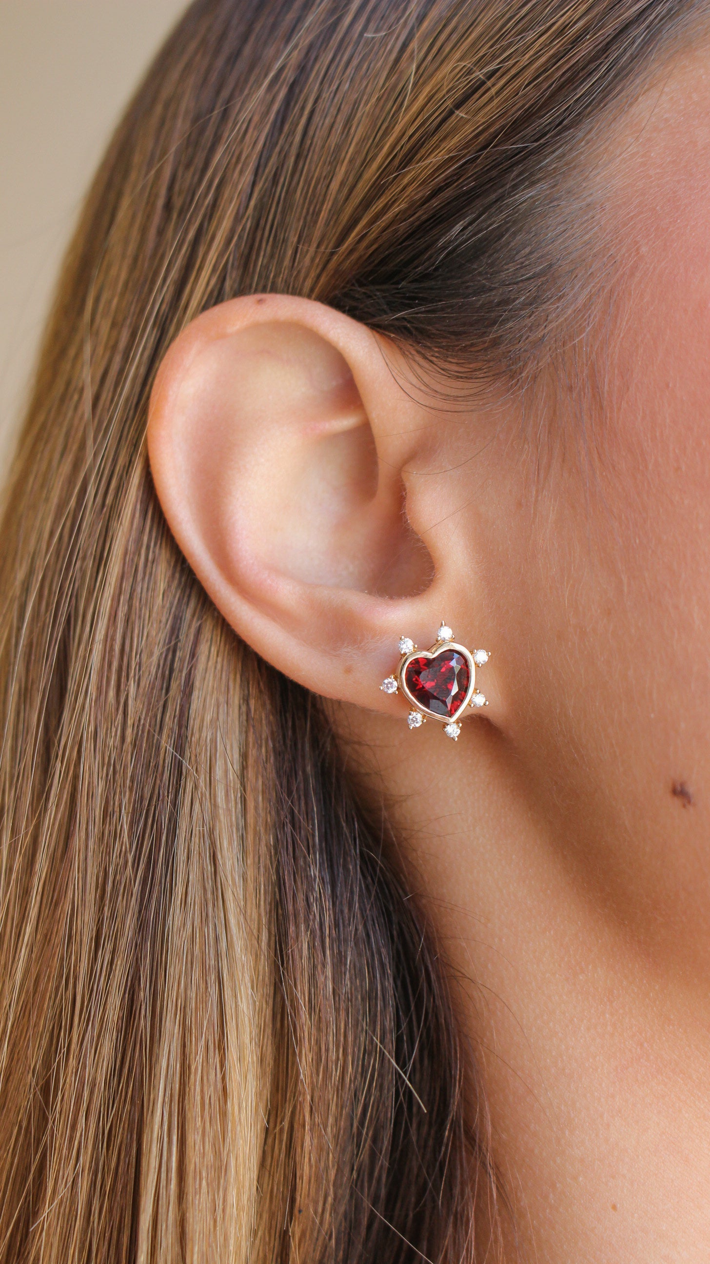 Gold Diamond Spikes Garnet Heart Earring