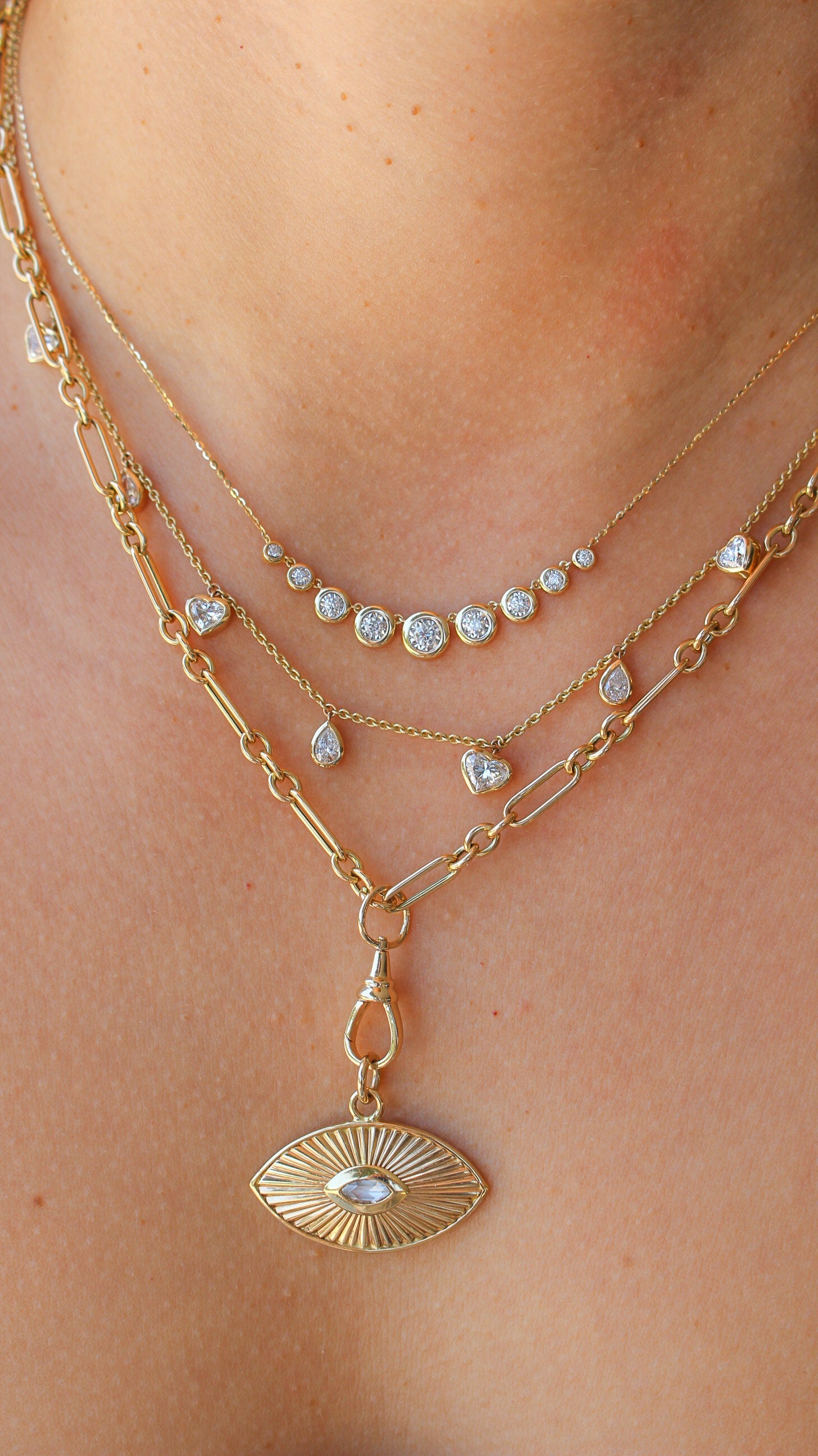 Gold Graduated Bezel Round Multi Diamond Necklace