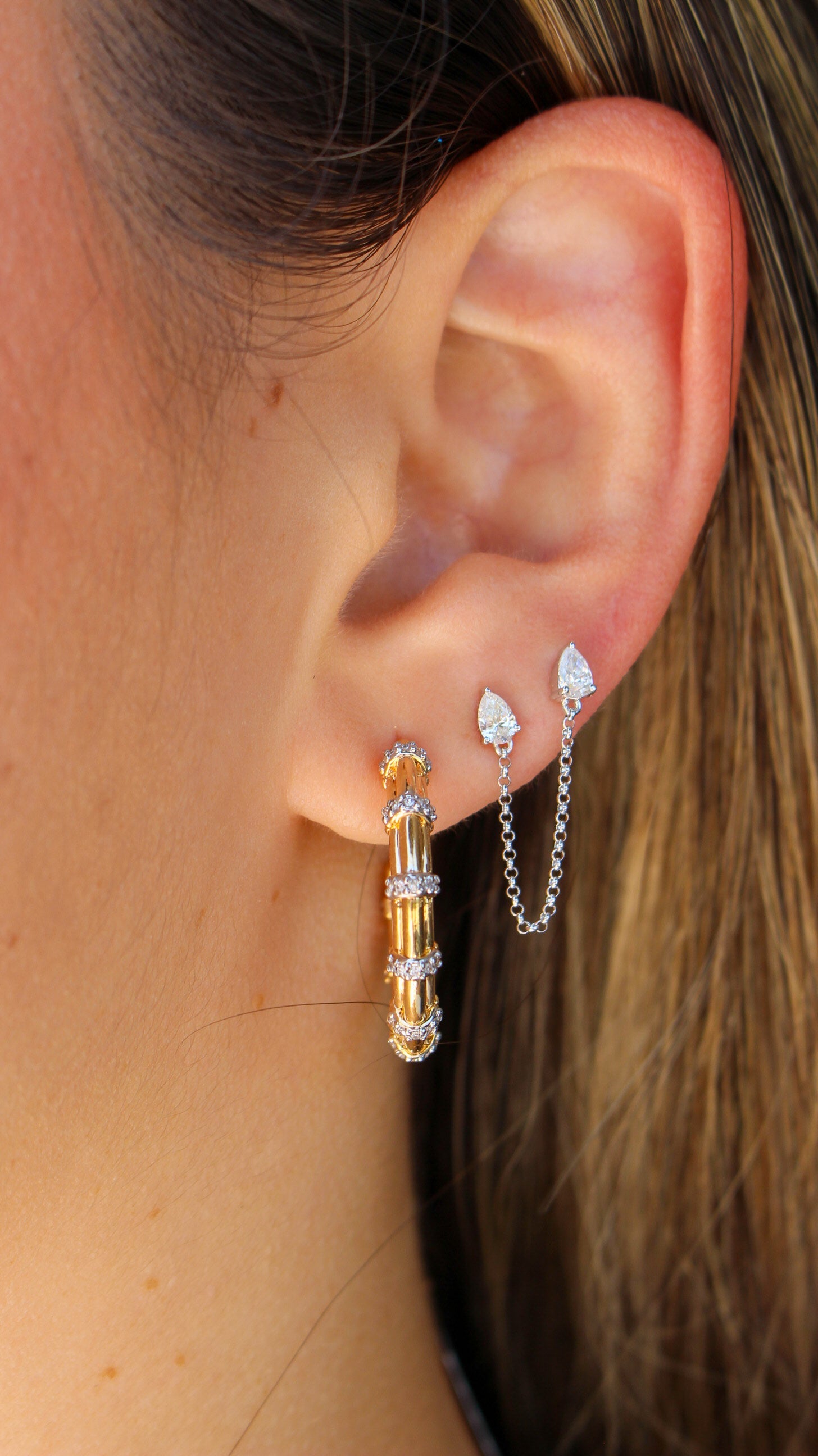 Gold Pear Diamond Chain Connecting Earring