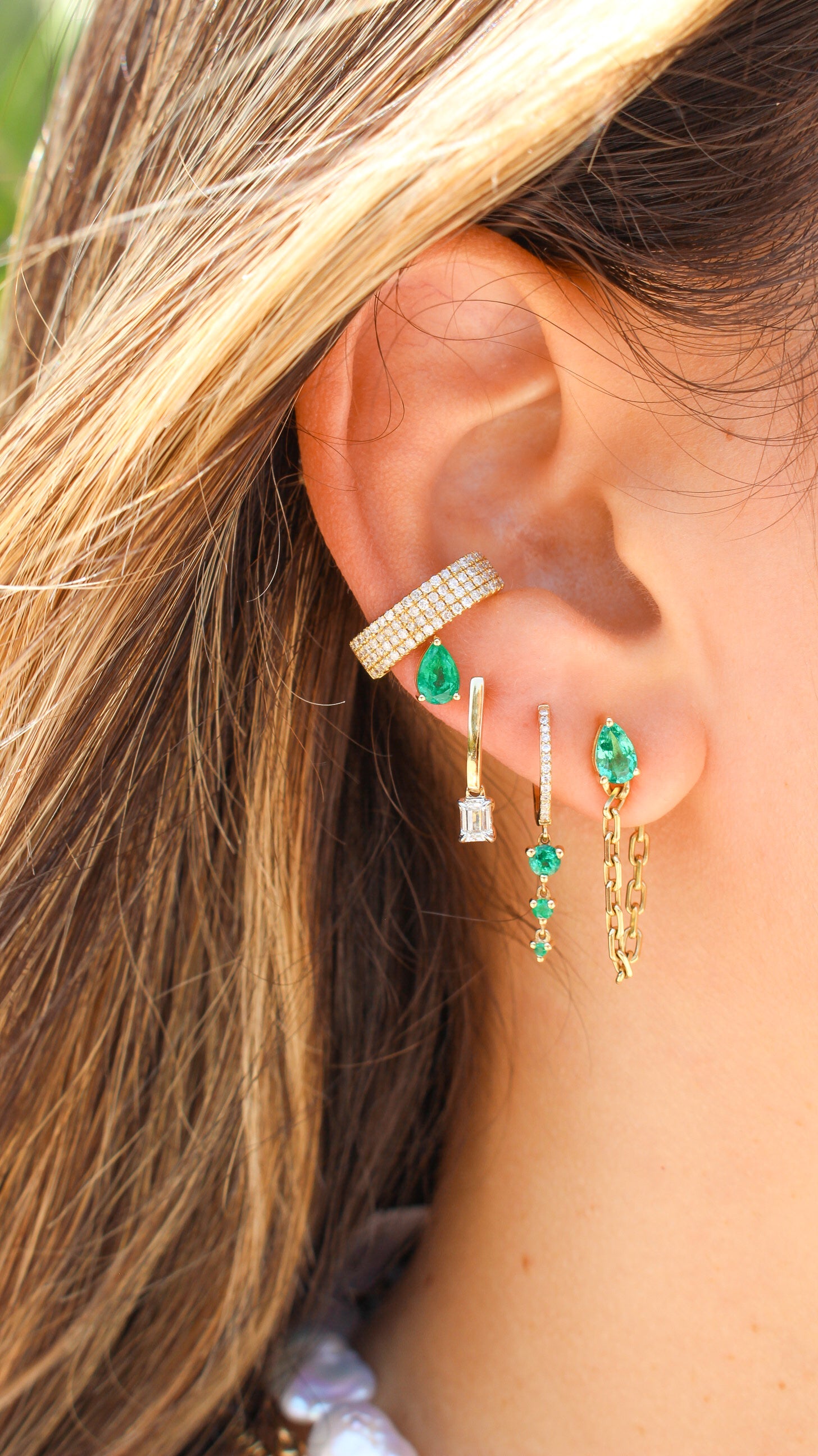 Gold Emerald Chain Loop Earring