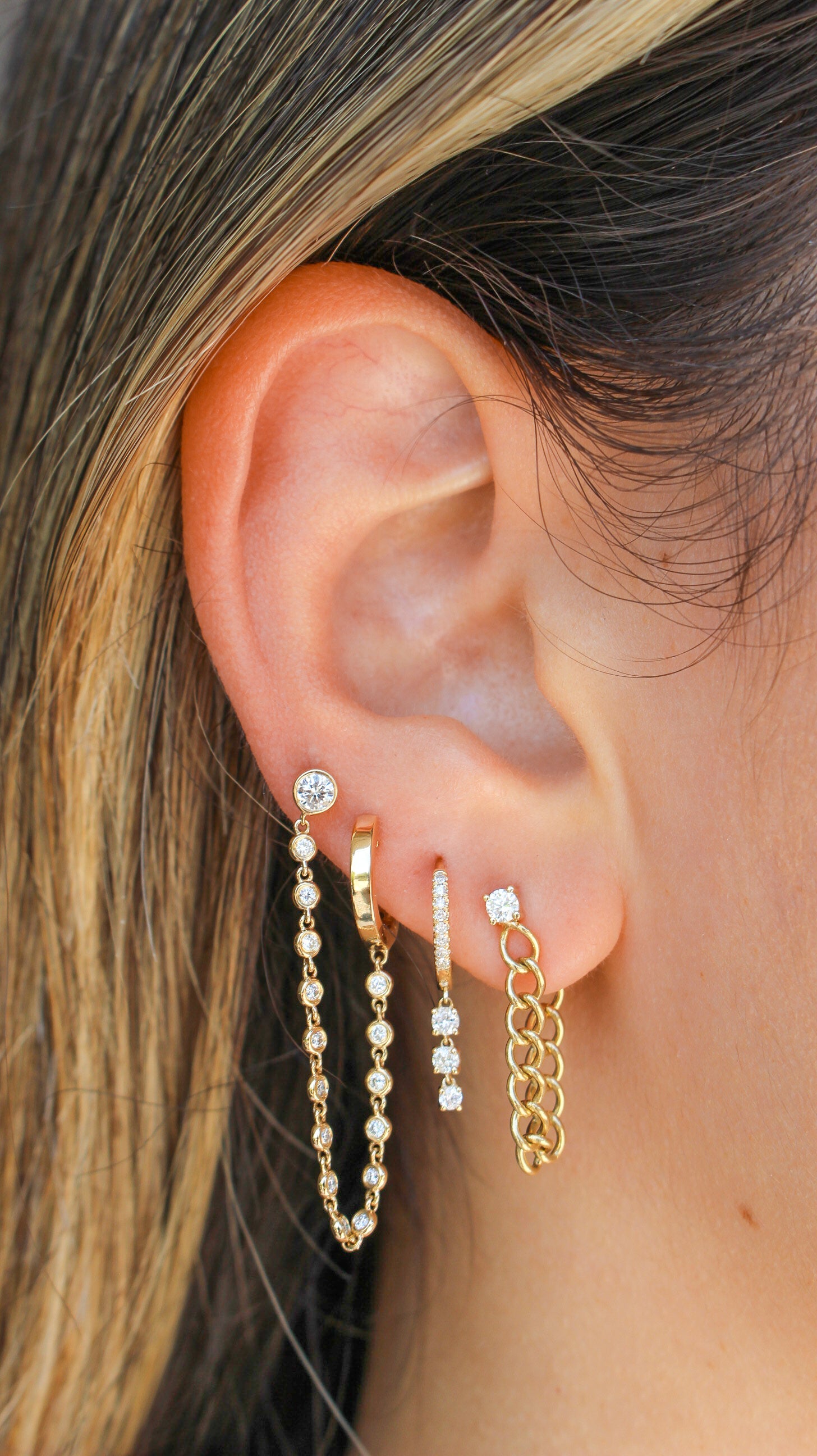 Gold Diamond Prong Curb Link Earring