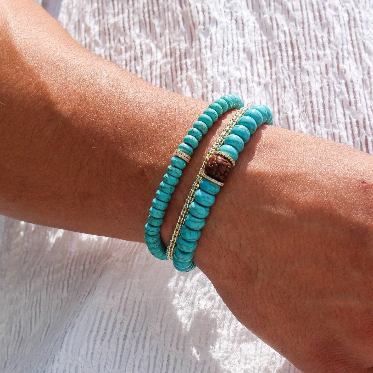 Gold Diamond Large Turquoise Wood Beaded Bracelet