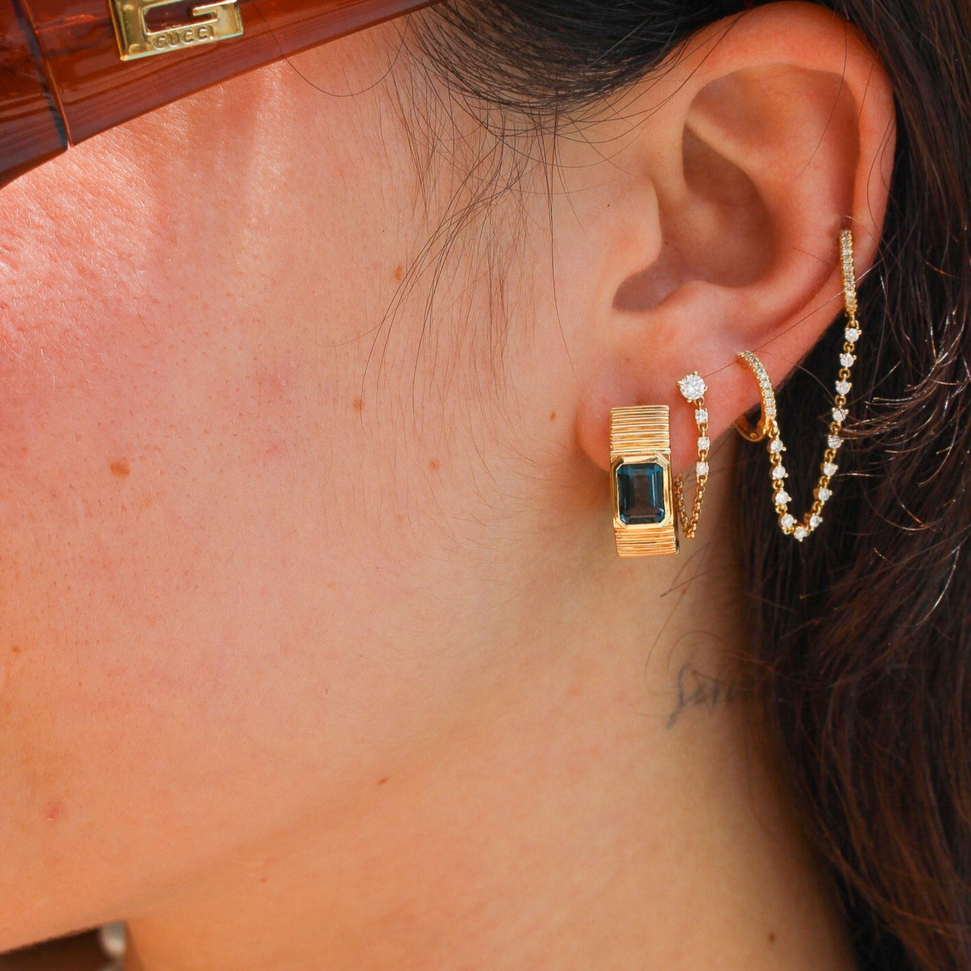 Gold Fluted London Blue Topaz Hoop Earrings