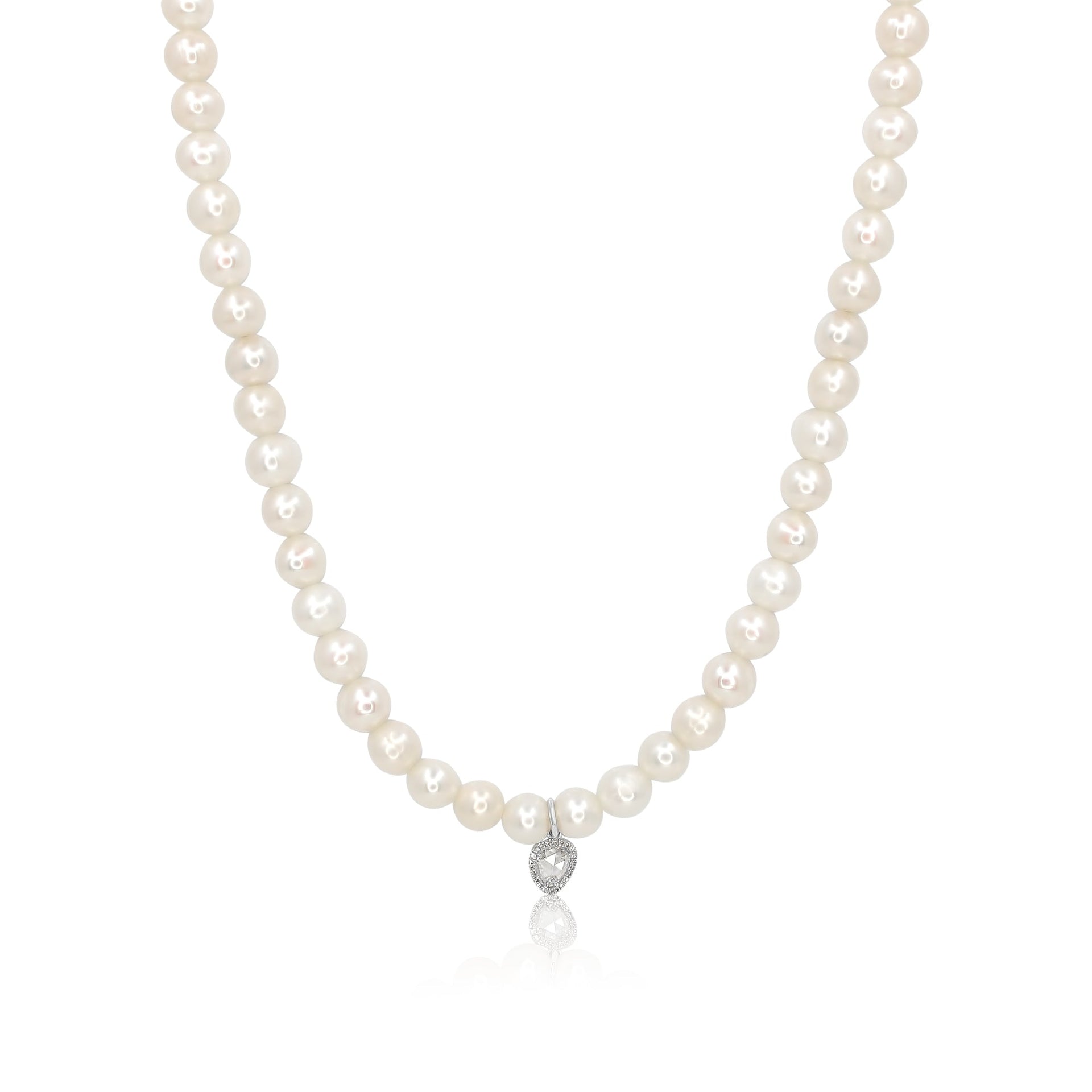 Gold Pearl Necklace with Pear Diamond Drop Charm