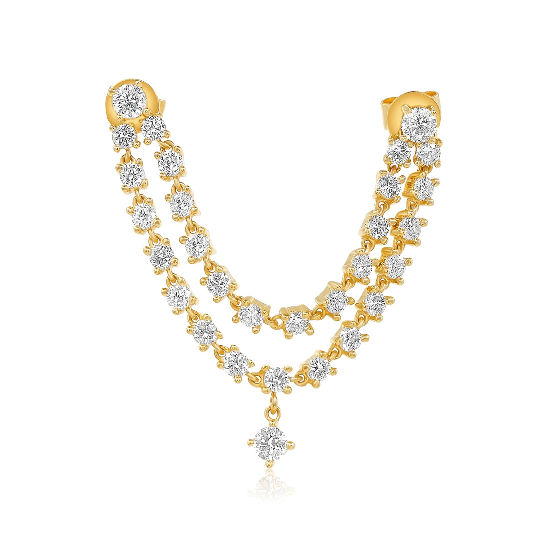 Gold Double Diamond Connecting Earring with Diamond Drop