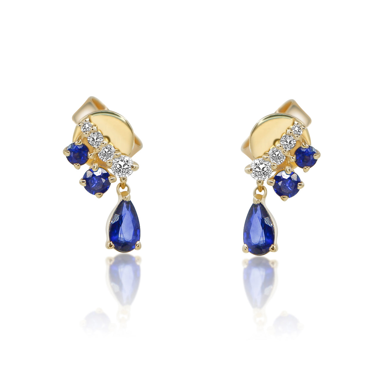 Gold Blue Sapphire Pear and Diamond Bar Earring