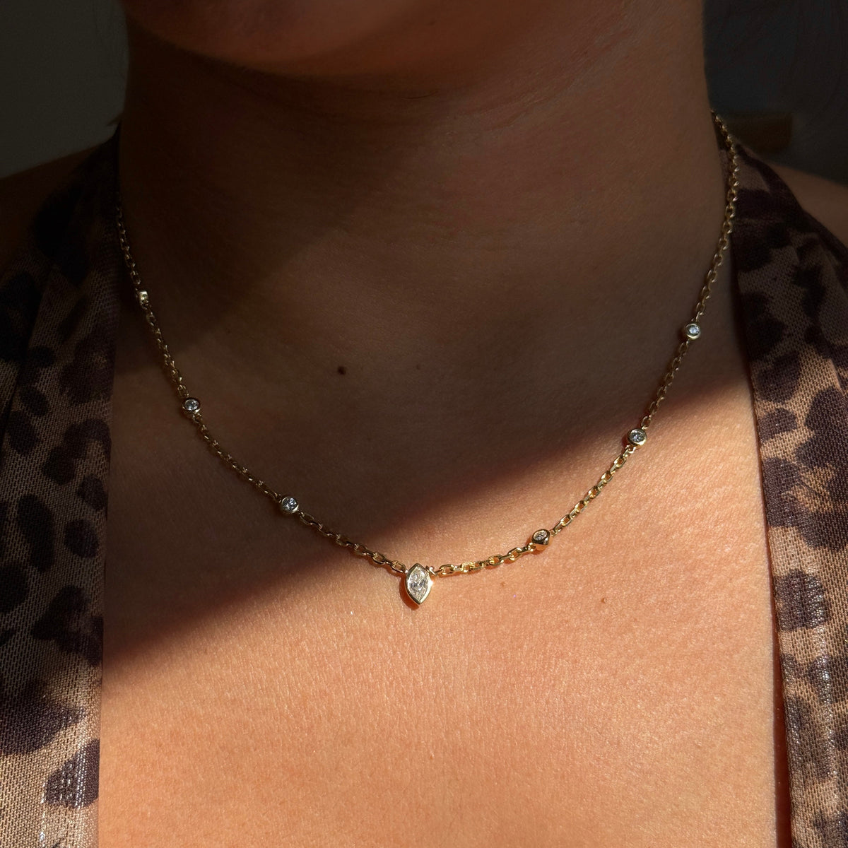 Gold Diamond Marquise Spaced Bezel Necklace
