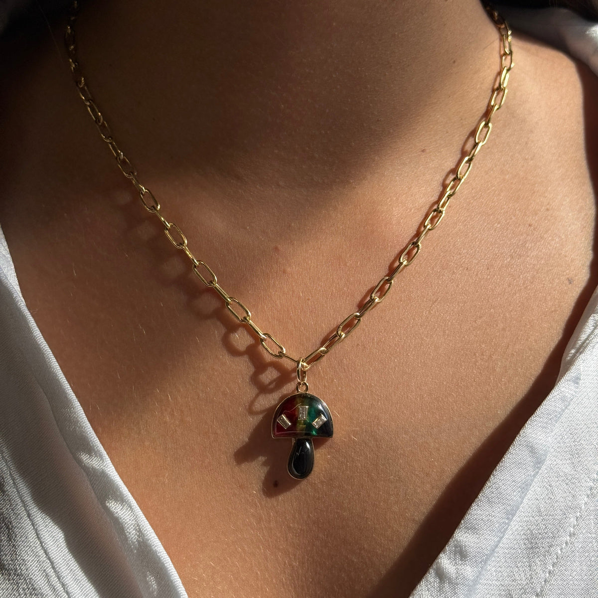 Gold Diamond Black Opal Mushroom Pendant