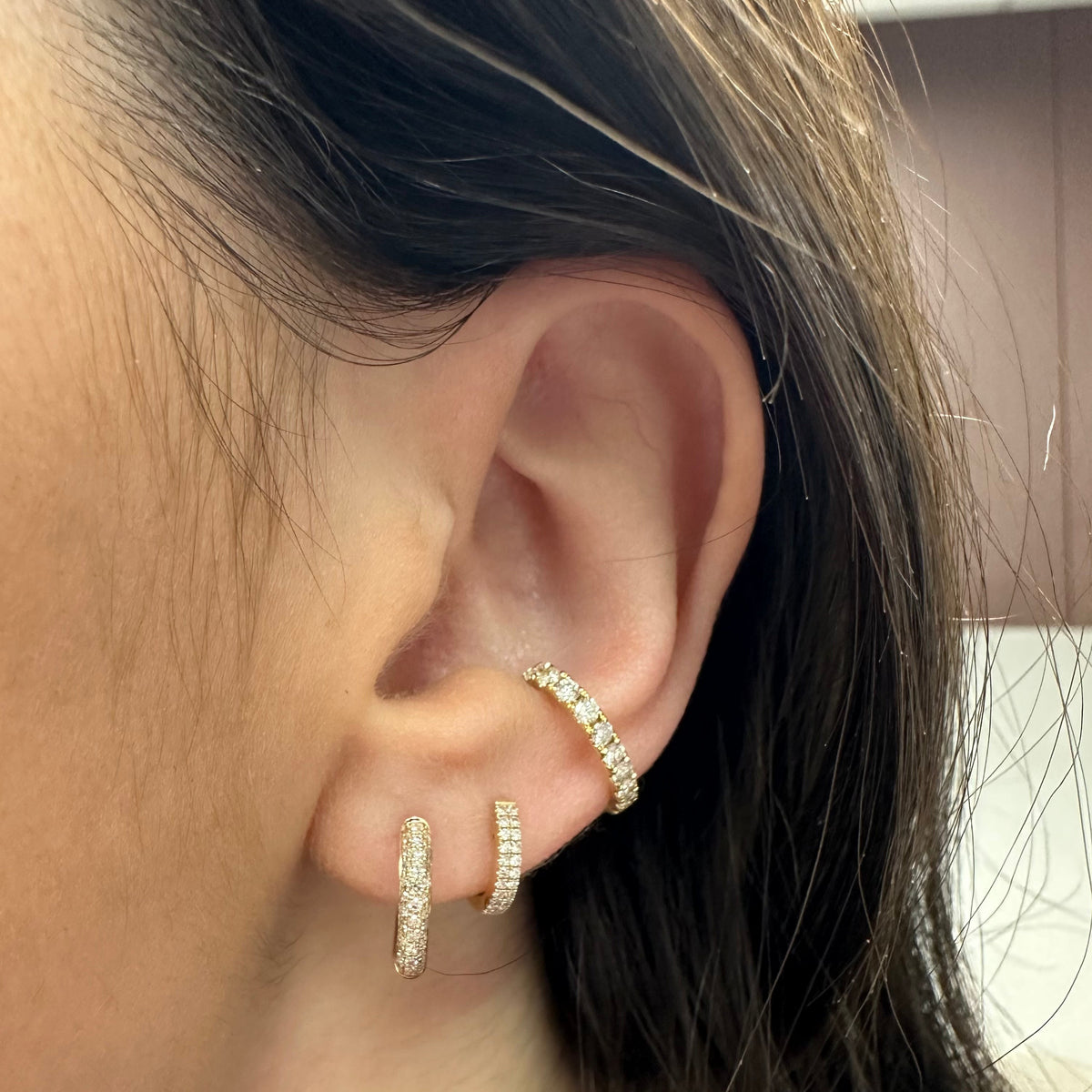 3-Row Pave Diamond Huggie Earrings