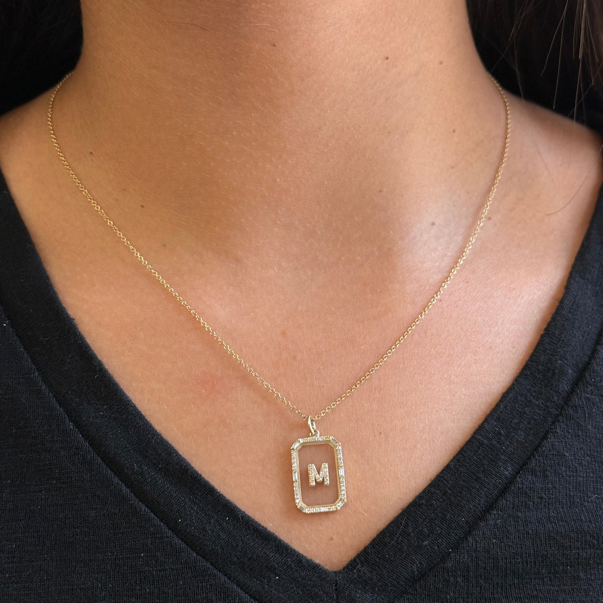 Gold Diamond Initial M Glass Pendant Necklace