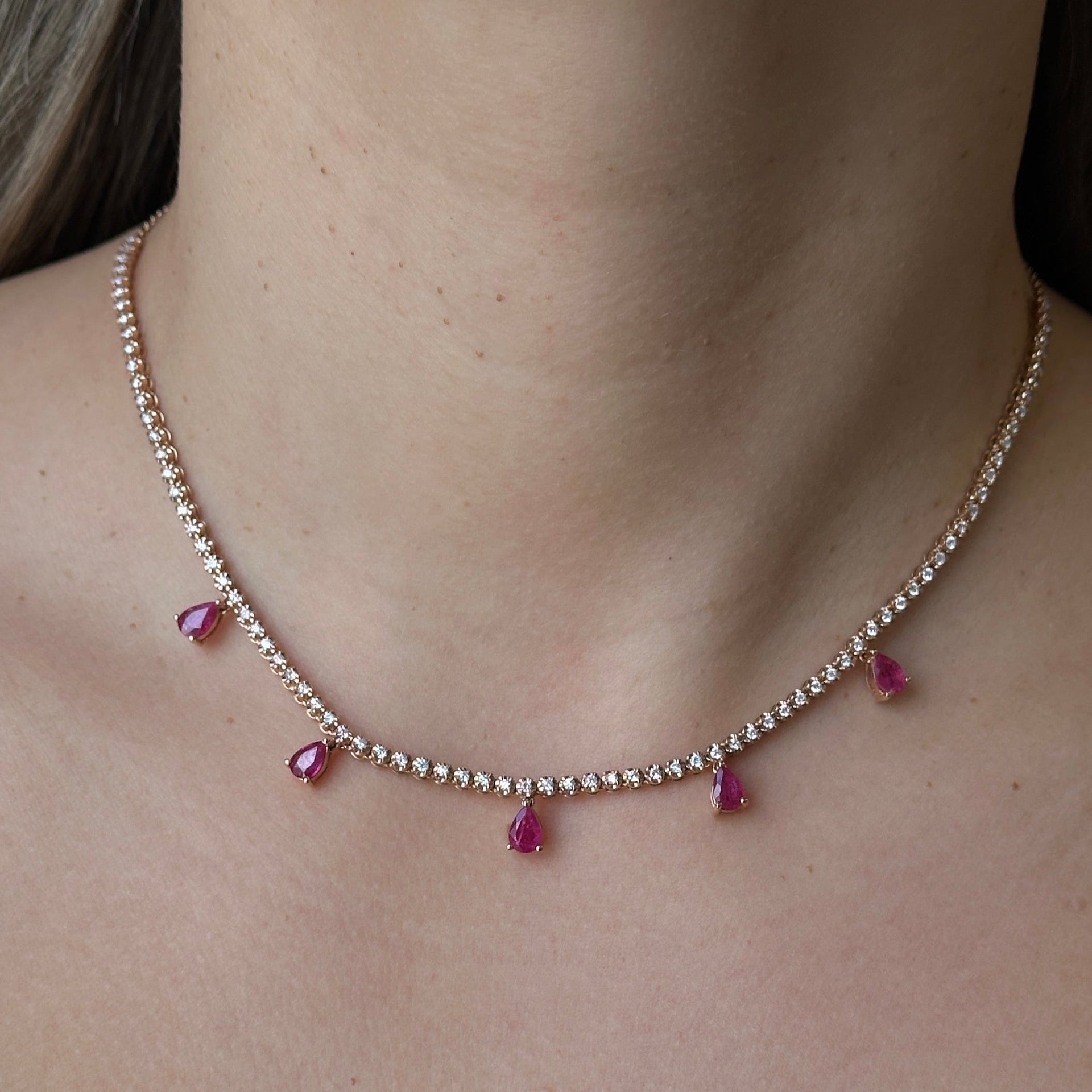 Gold Diamond Ruby Pear Drop Necklace