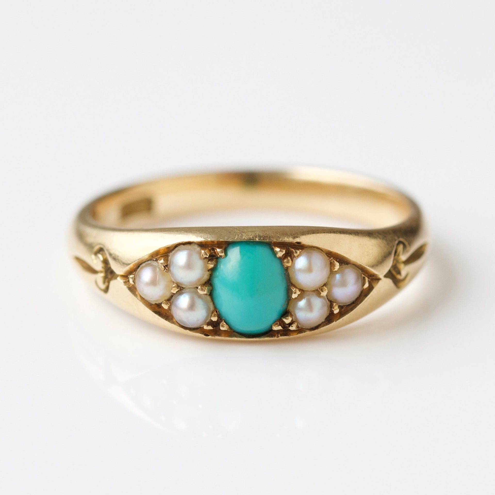 Vintage 18k Yellow Gold Turquoise and Pearl Ring