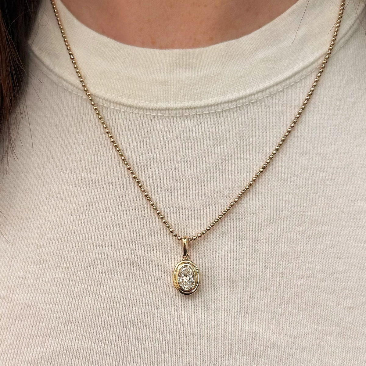 Double Bezel Oval Lab Diamond Ball Chain Necklace