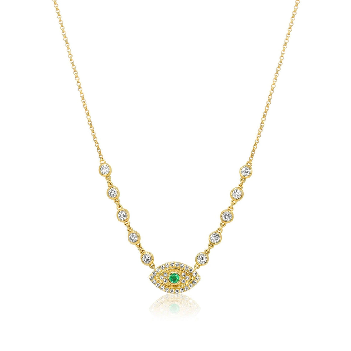 Gold Multi Diamond Bezel and Emerald Evil Eye Necklace