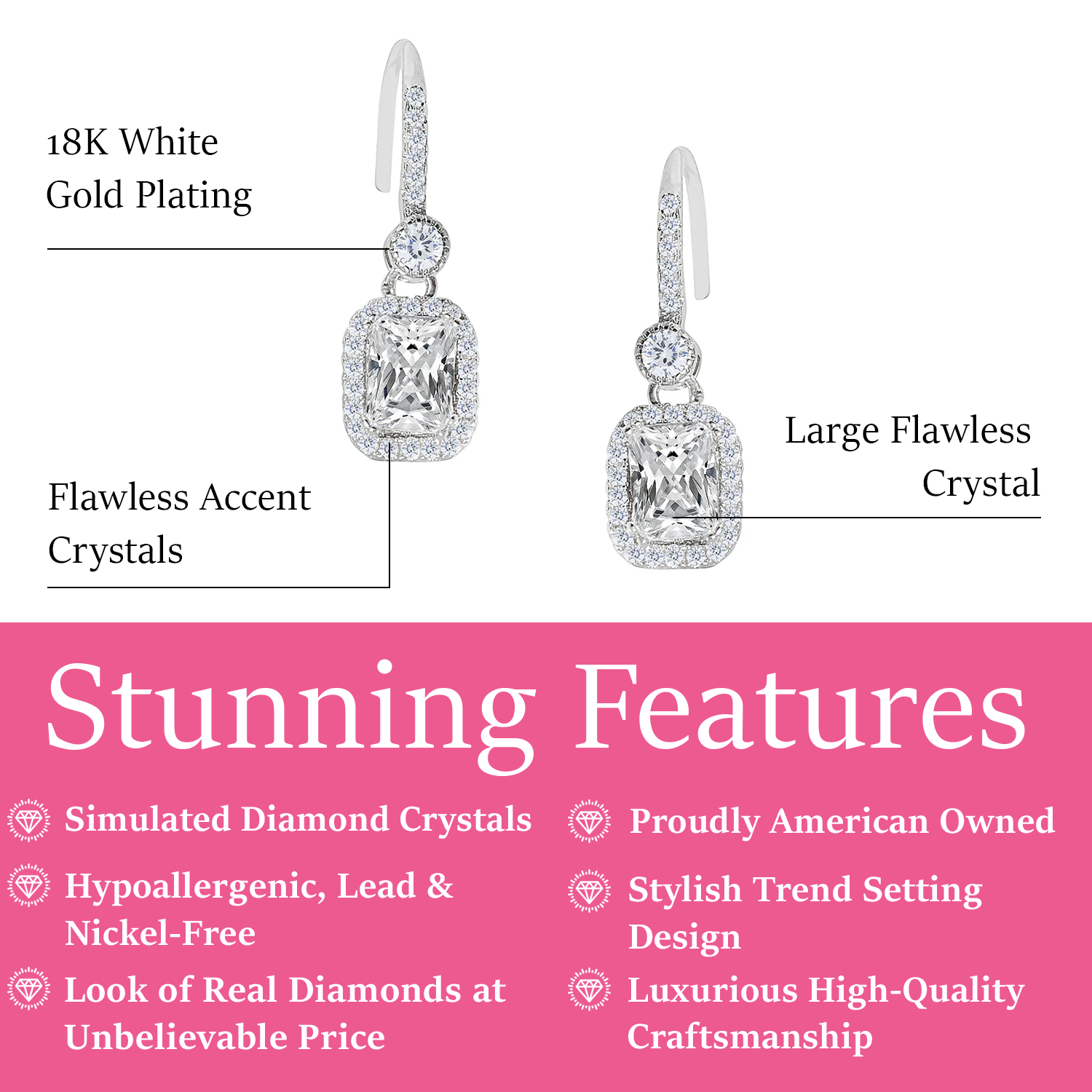 Athena 18k White Gold Plated Halo Dangle Earrings with Simulated Diamond Crystals