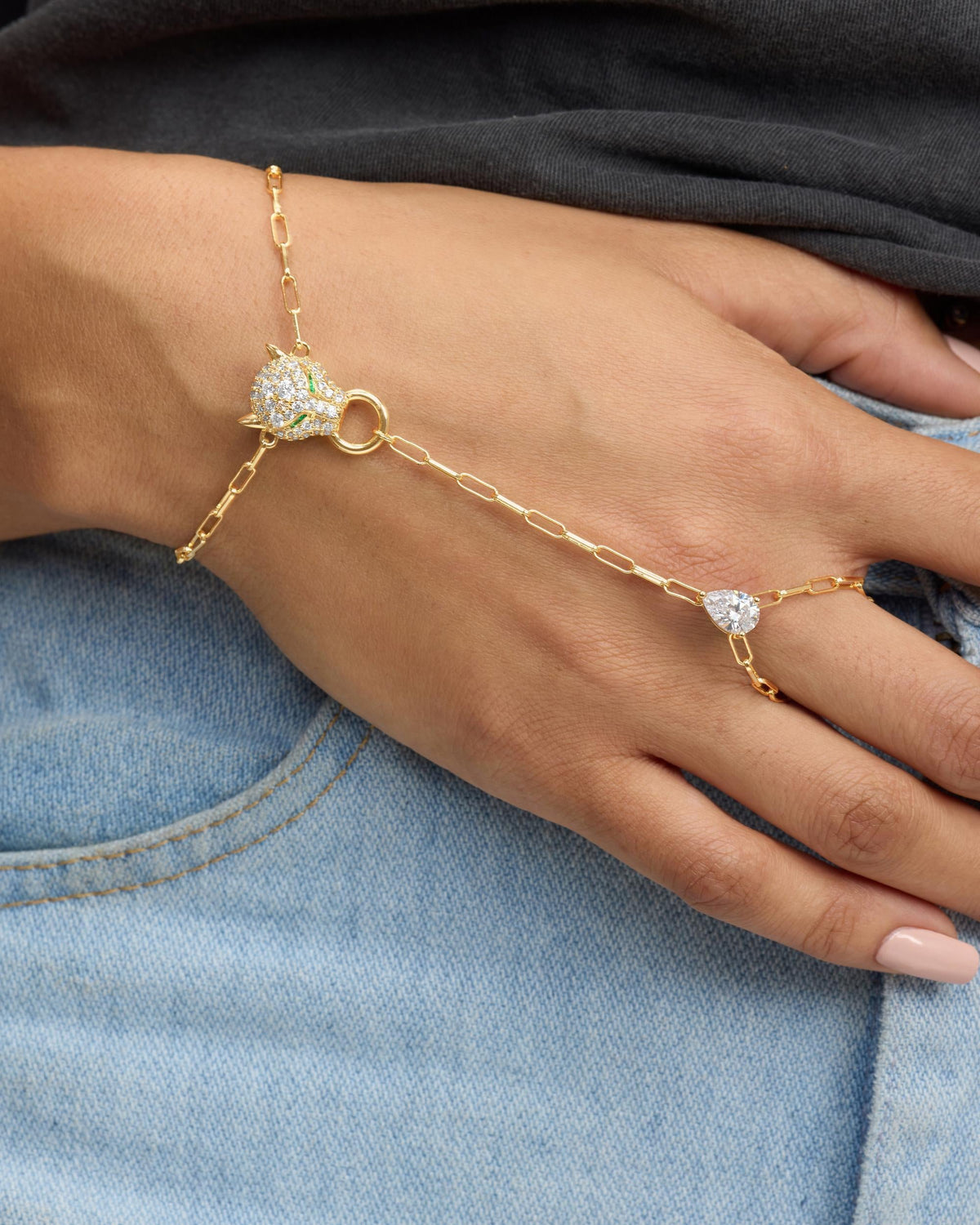 Jaguar Hand Chain - Gold|White Diamondettes