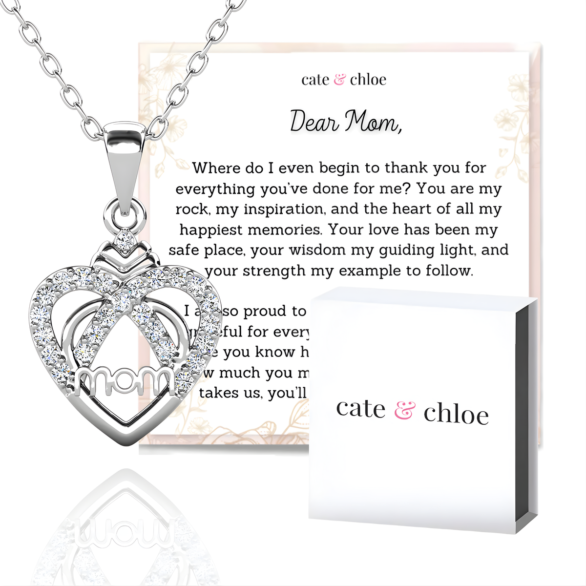 Jenna 18k White Gold Plated Necklace with Simulated Diamond Crystals & Heartfelt Message for Mom
