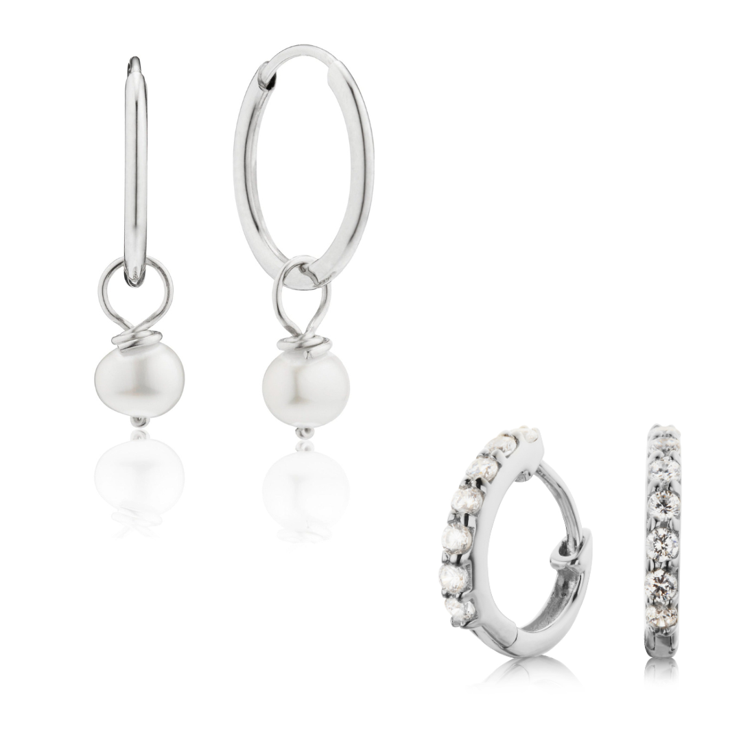 Silver Diamond Style Huggies and Small Pearl Drop Hoop Earrings Gift Set