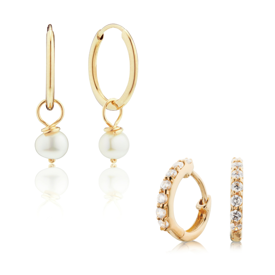 Gold Diamond Style Huggies and Small Pearl Drop Hoop Earrings Gift Set