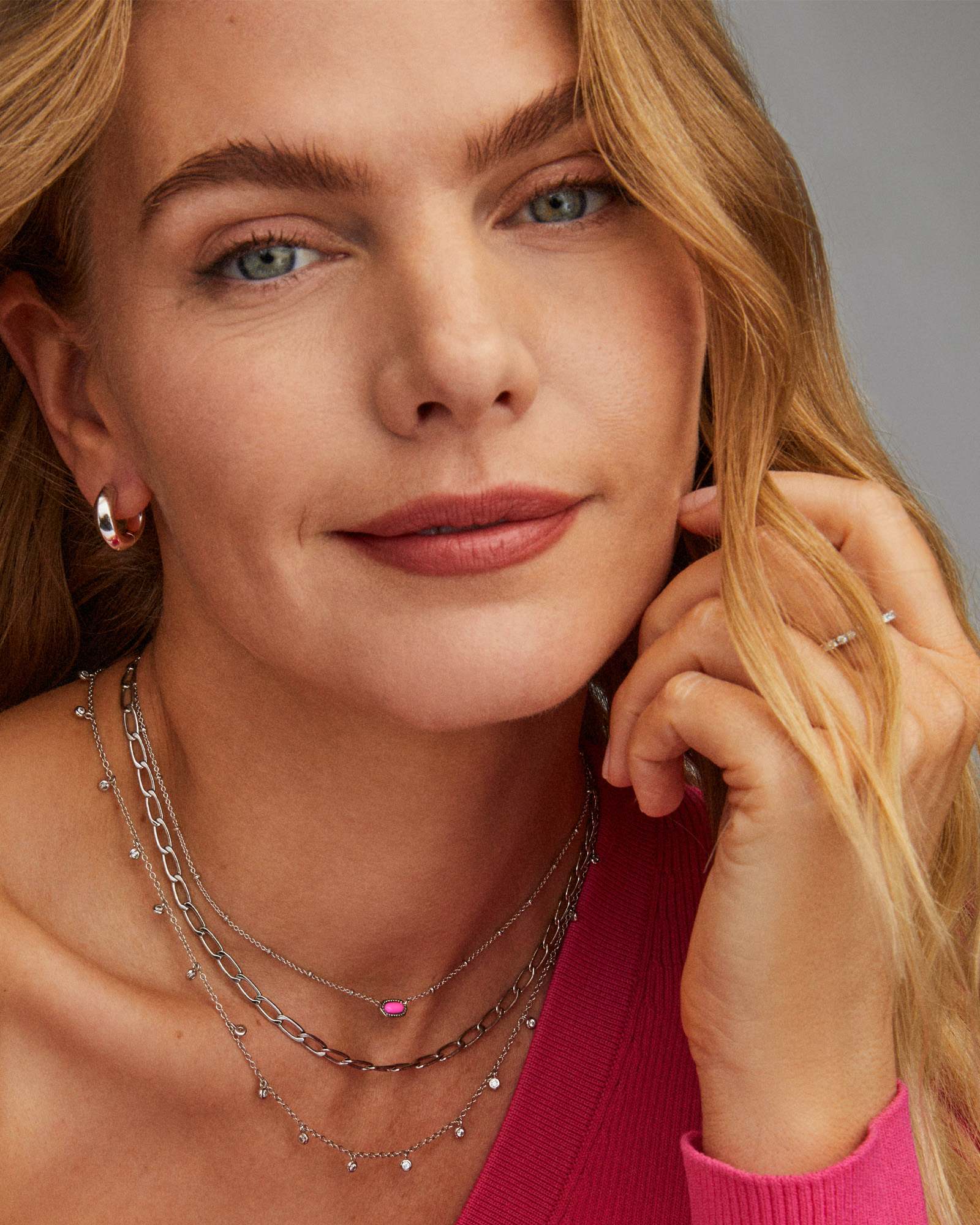 Mini Elisa Silver Satellite Short Pendant Necklace in Fuchsia Magnesit