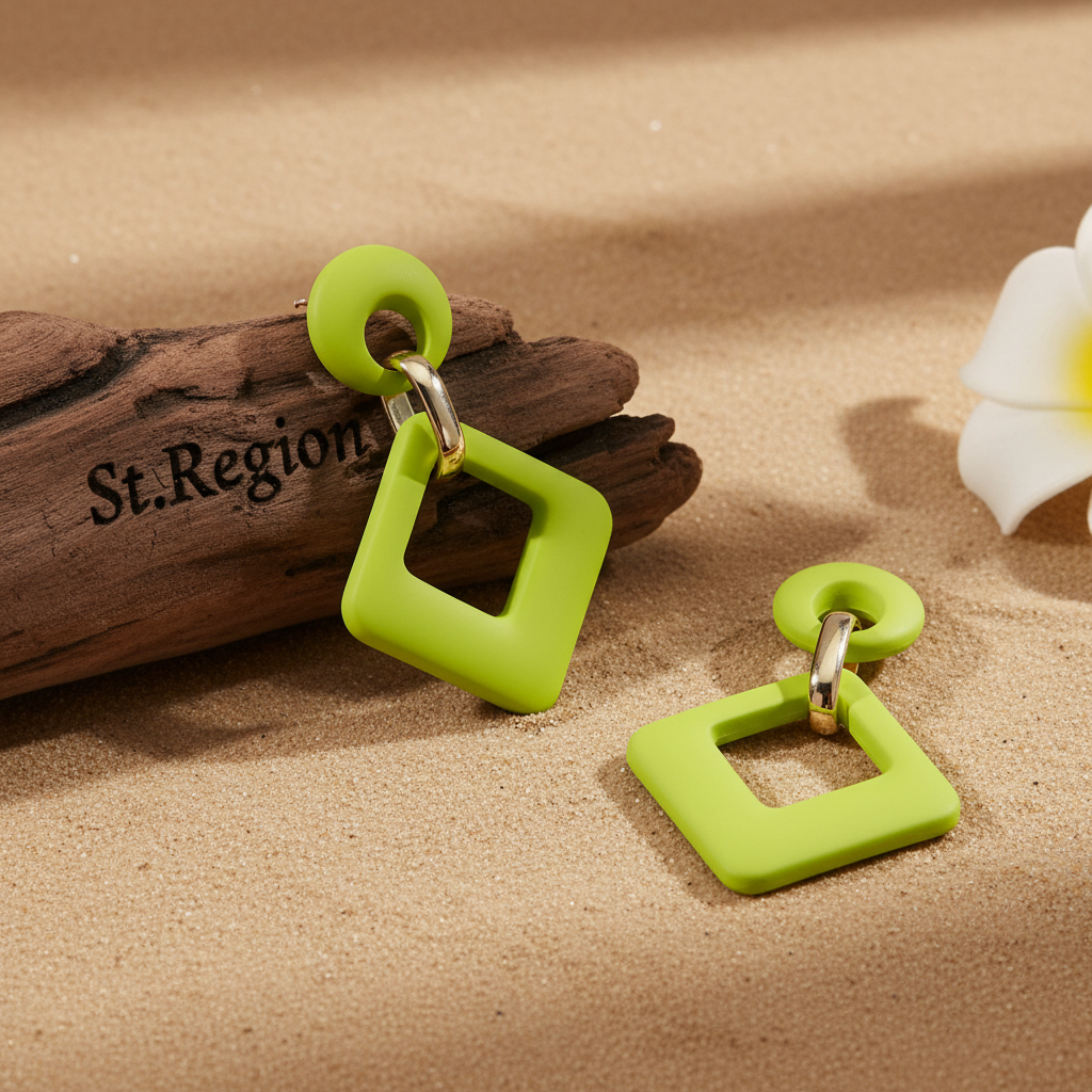 Light Green Enamel & 18K Gold-Plated Open Rhombus Drop Earrings
