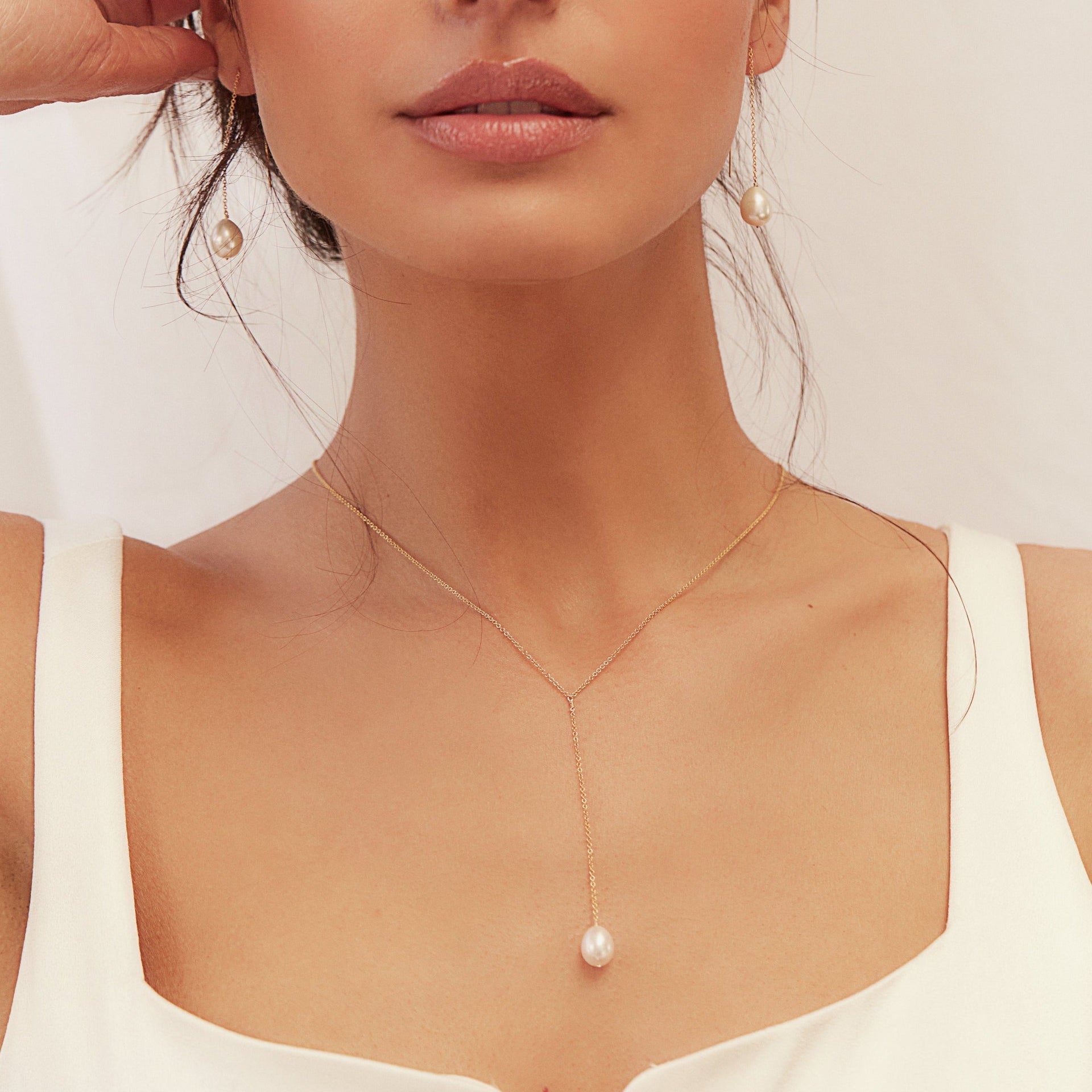Gold Large Pearl Lariat Necklace